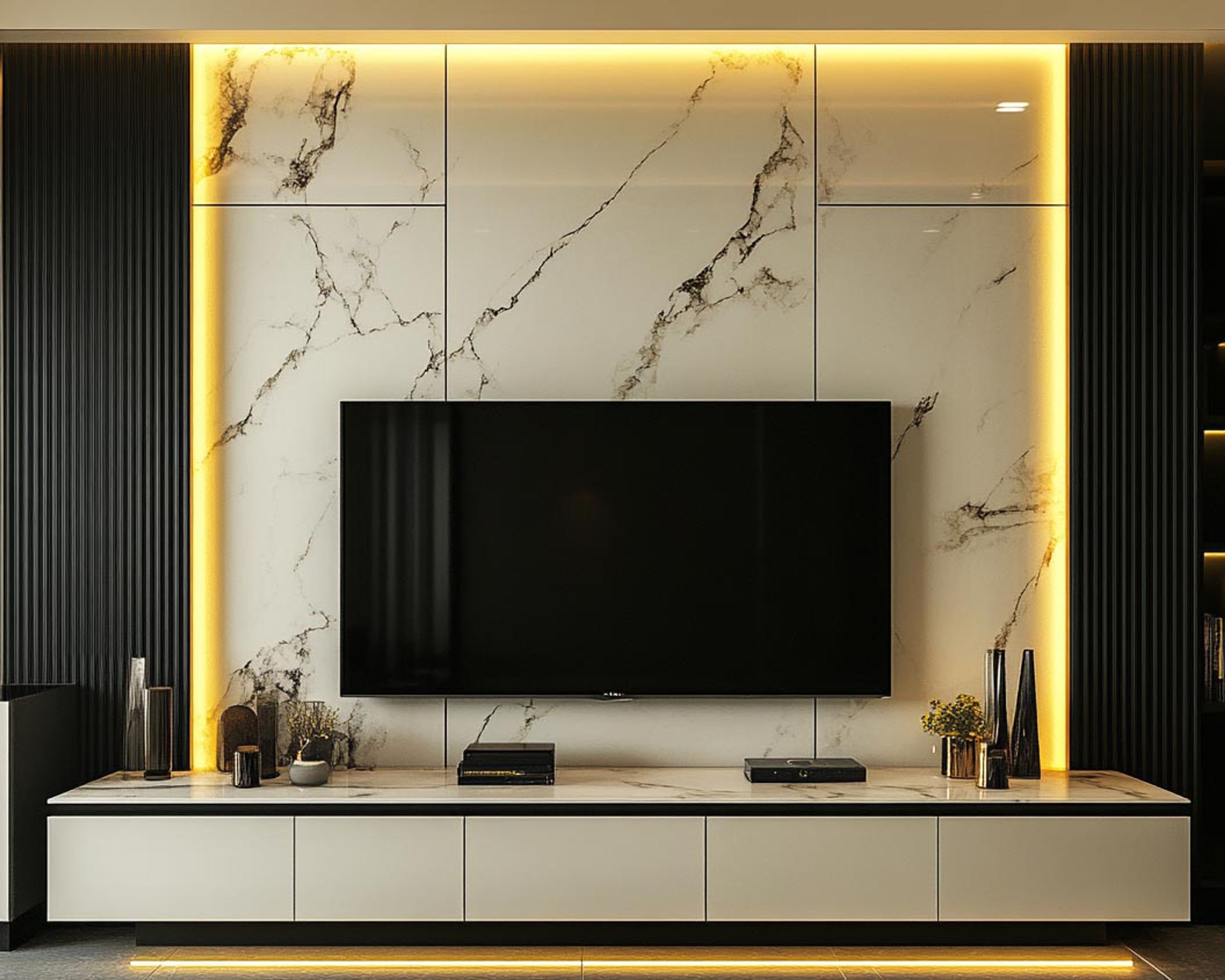 Floating Modern TV Unit Design With Marble Wall and LED Lighting