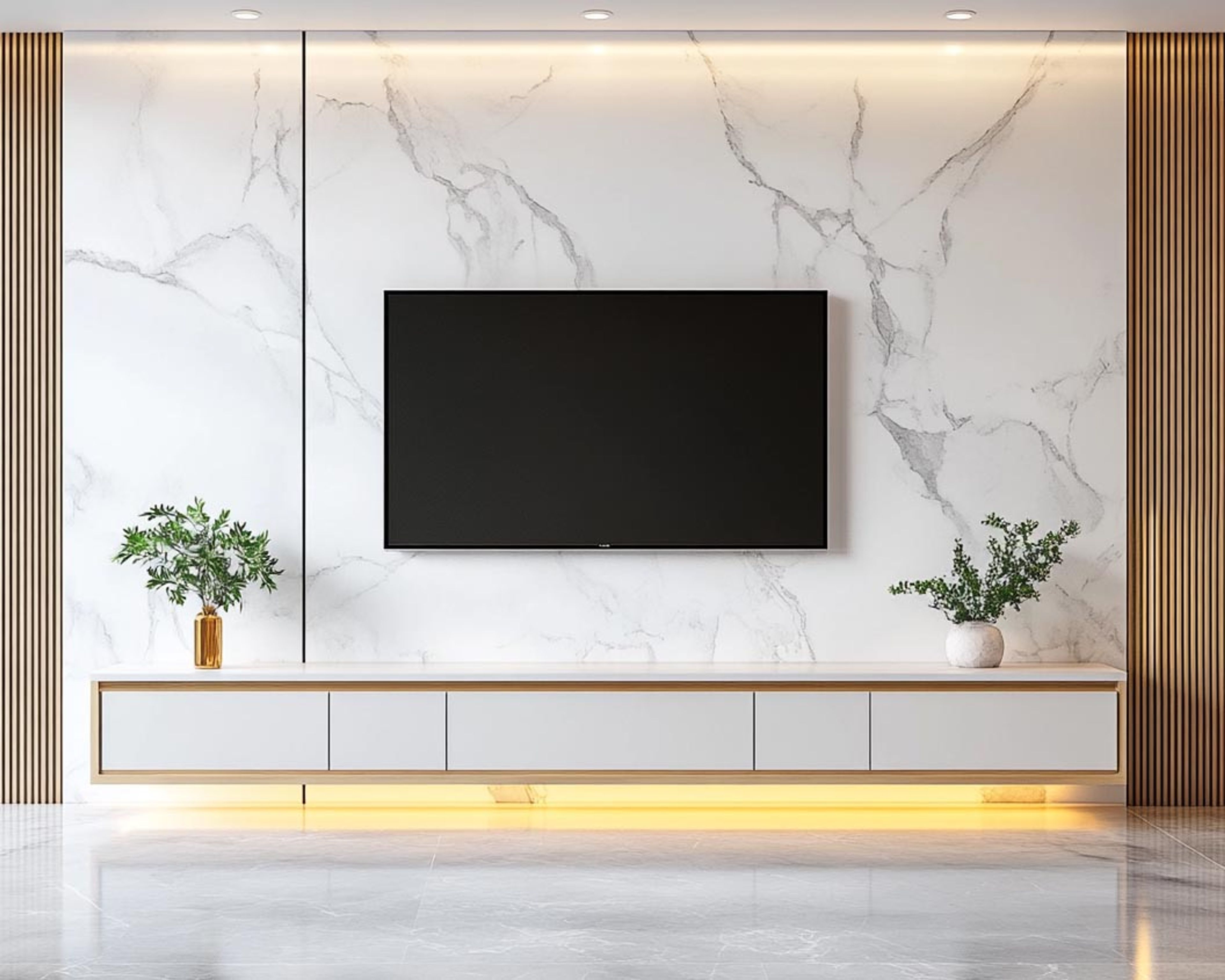 Modern TV Unit Design With Marble Cladding and Long Counter