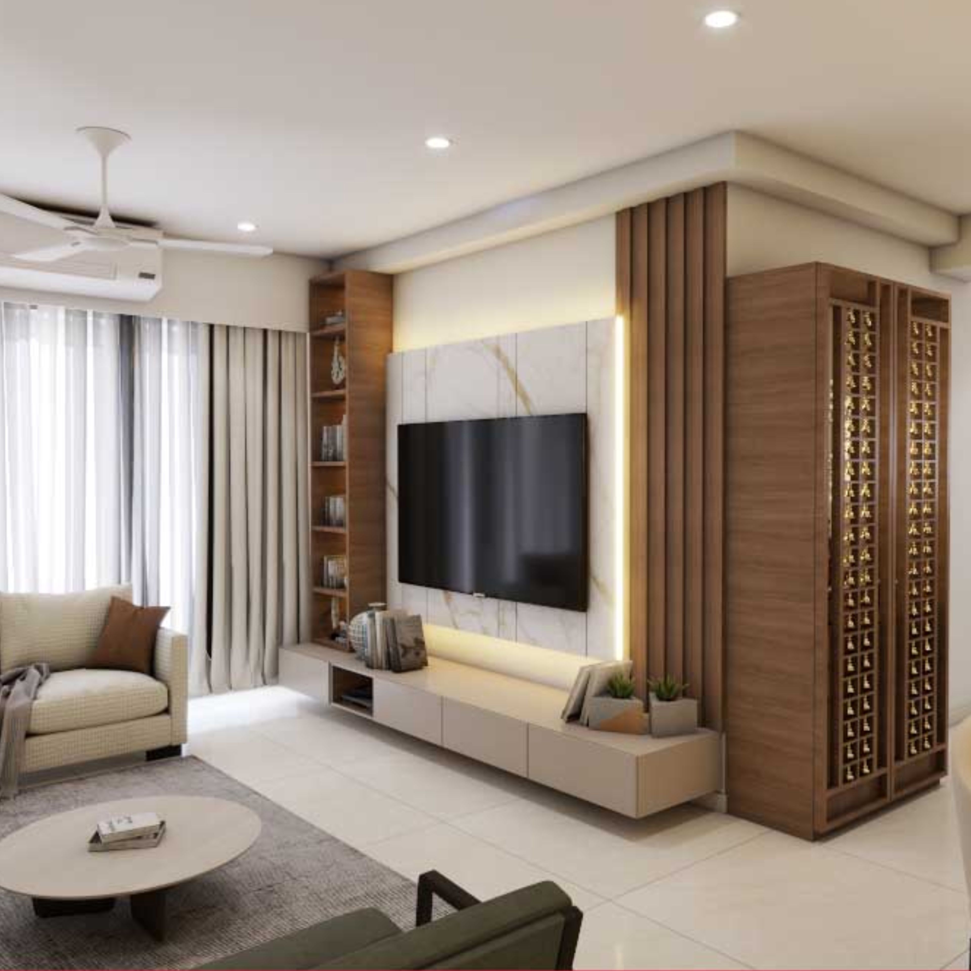 Cream Modern TV Unit Design with Marble Backdrop and Shelves