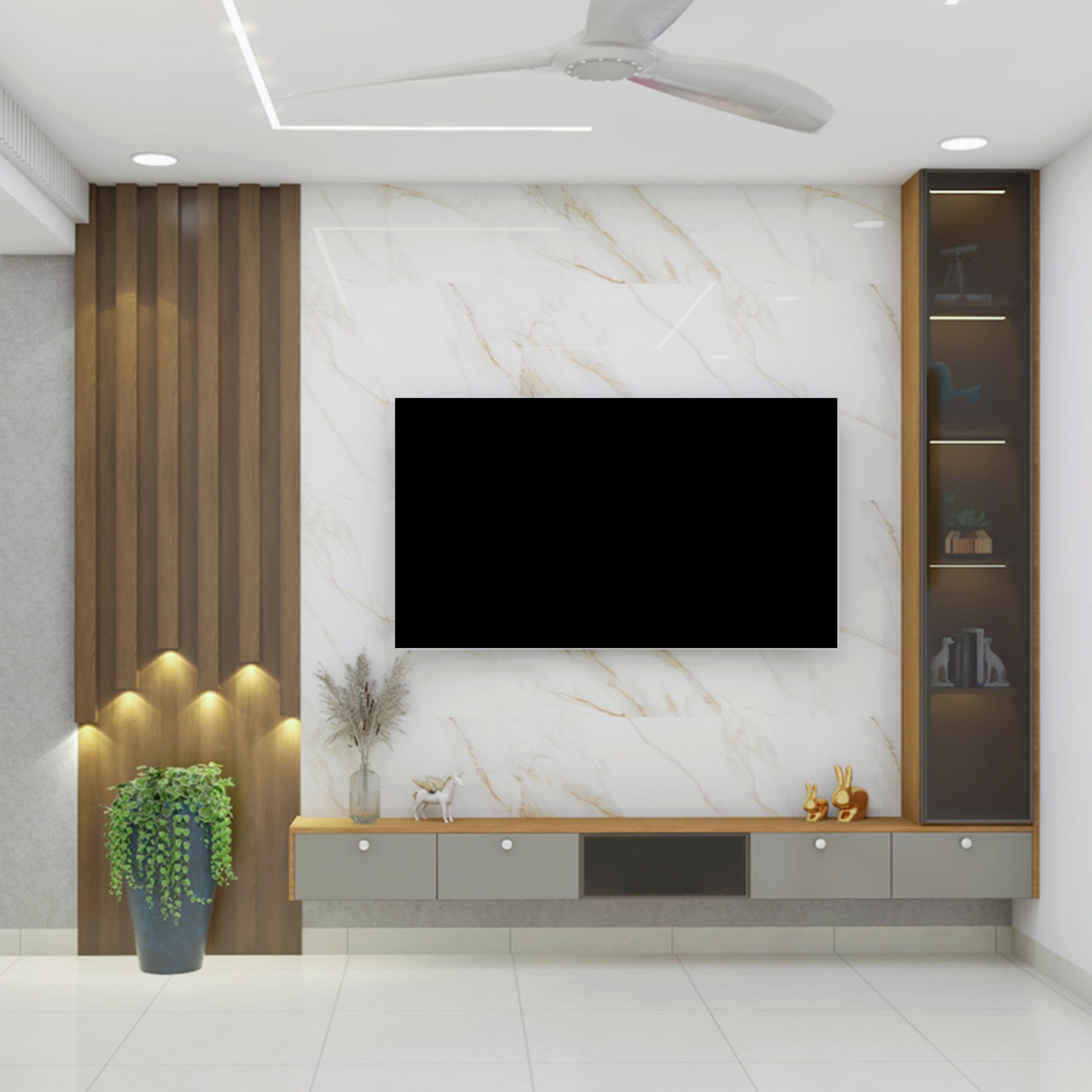 Contemporary Floating TV Unit Design with Marbled Accent Backdrop