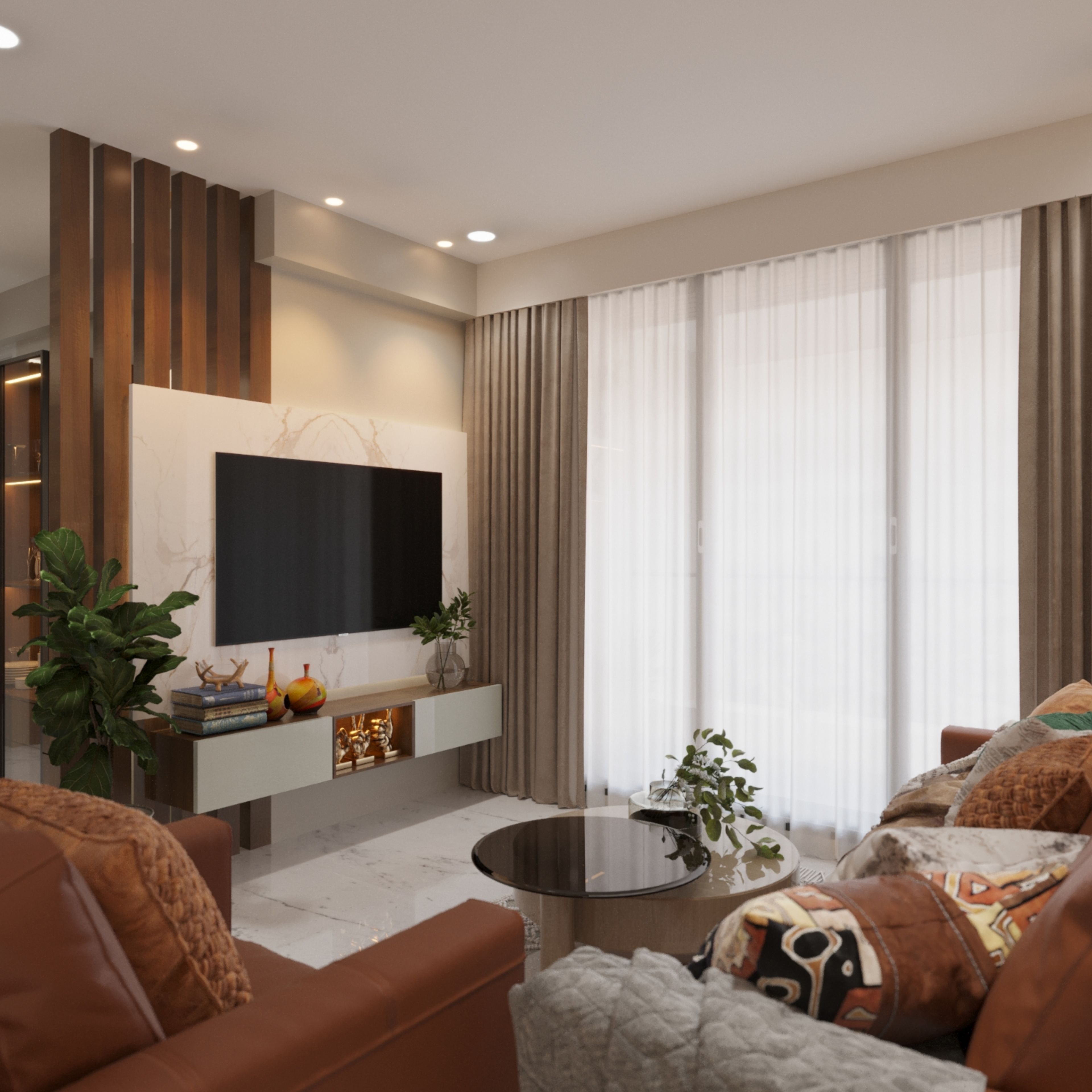 Floating White TV Unit Design with Marble Accent Backdrop