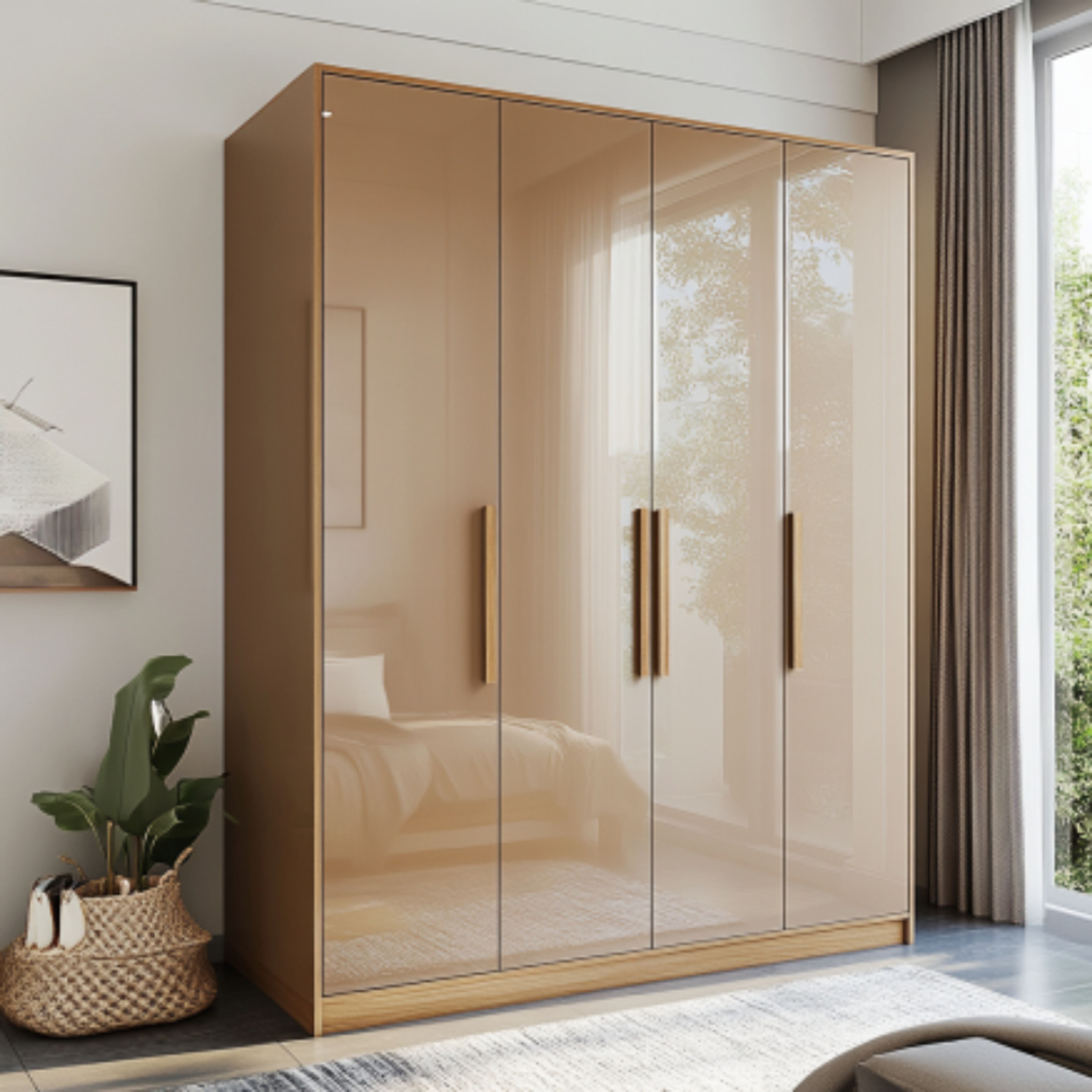 Contemporary 4-Door Wardrobe Design with High Gloss Finish and Ergonomic Handles