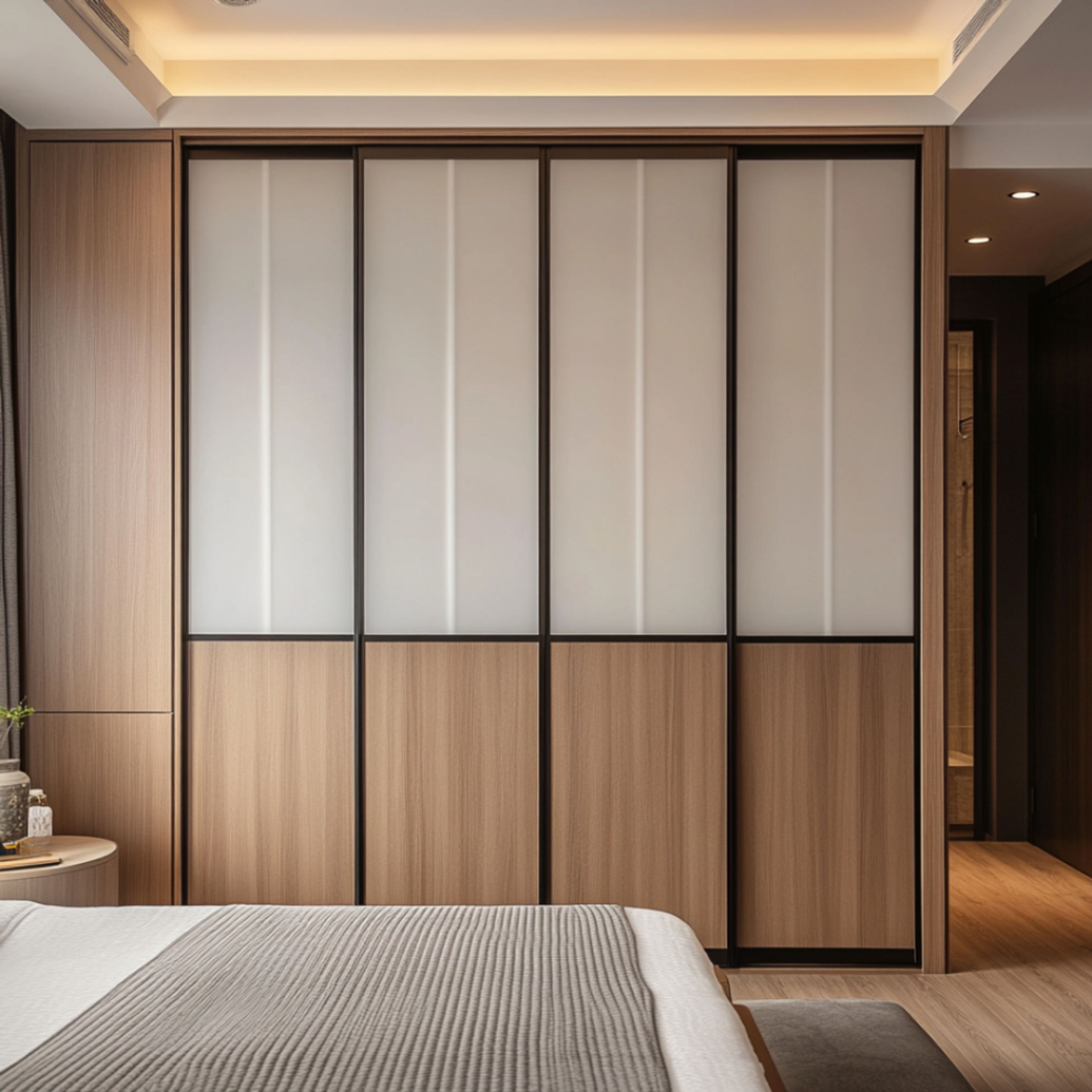 Modern Sliding Wardrobe Design with Frosted Glass Panels and Wood Finish