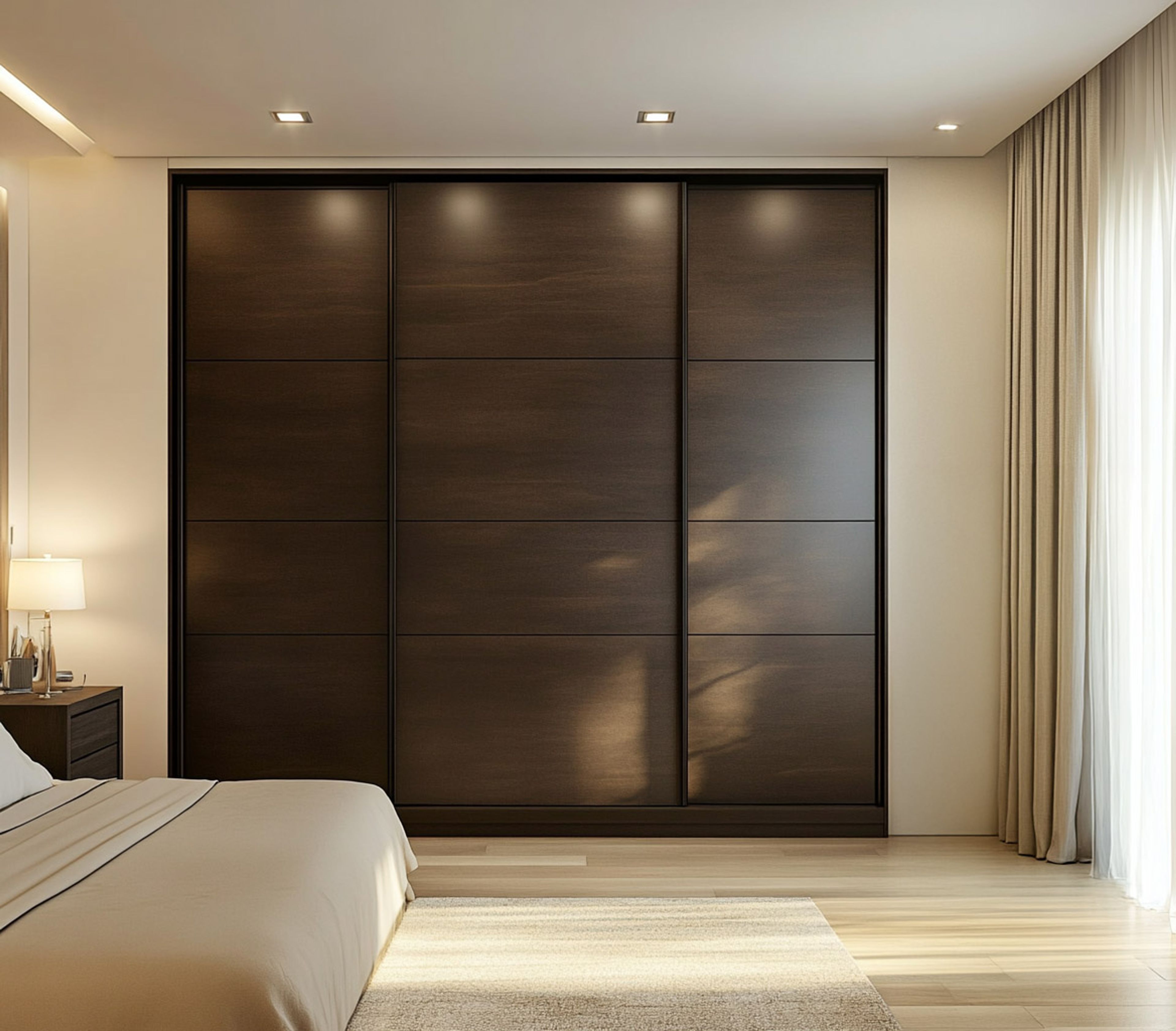 Space-Saving Contemporary 3-Door Sliding Wardrobe Design in Canadian Walnut
