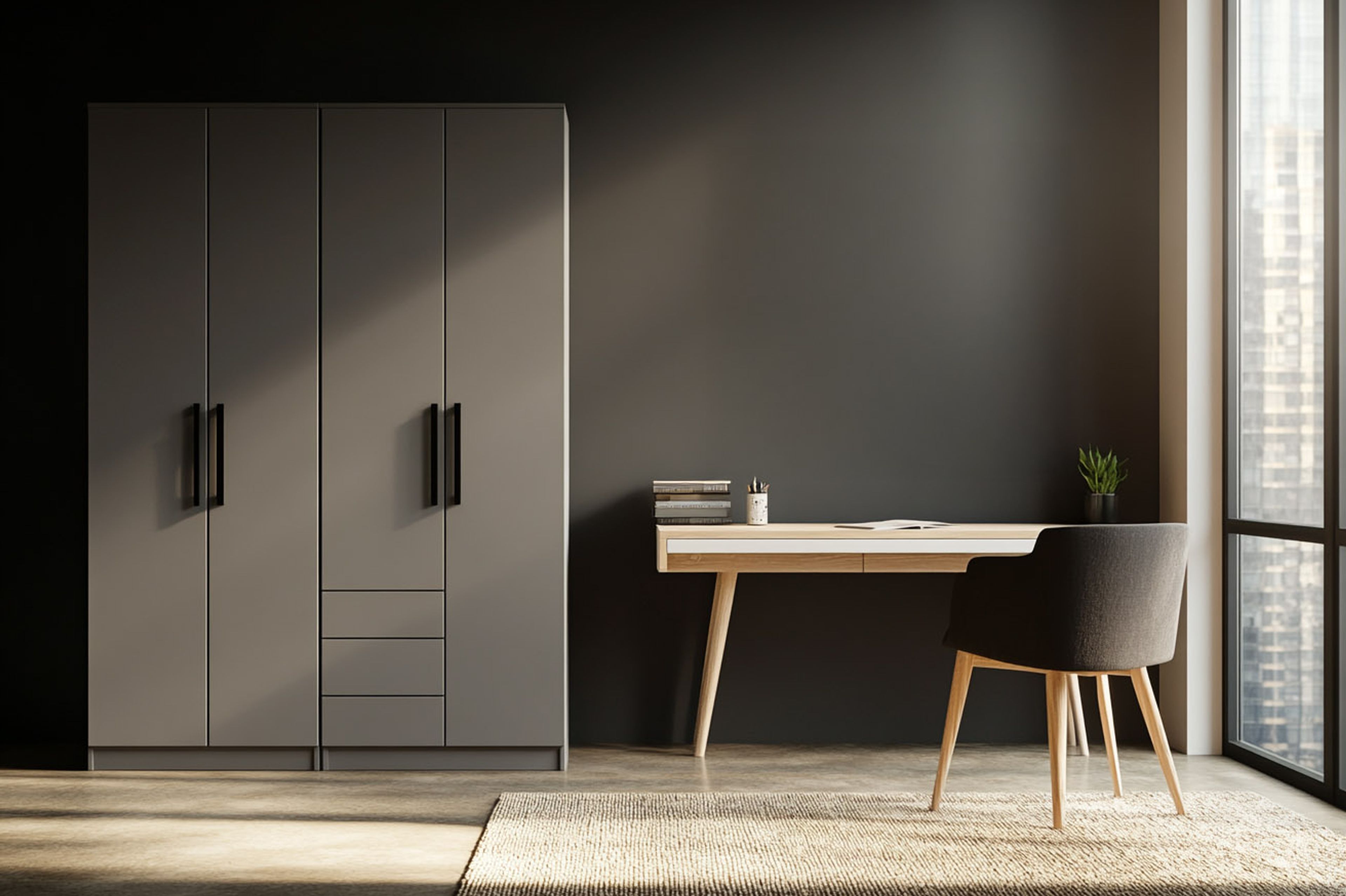 Slate Grey Modern Swing Wardrobe Design with Drawers and Long Handles