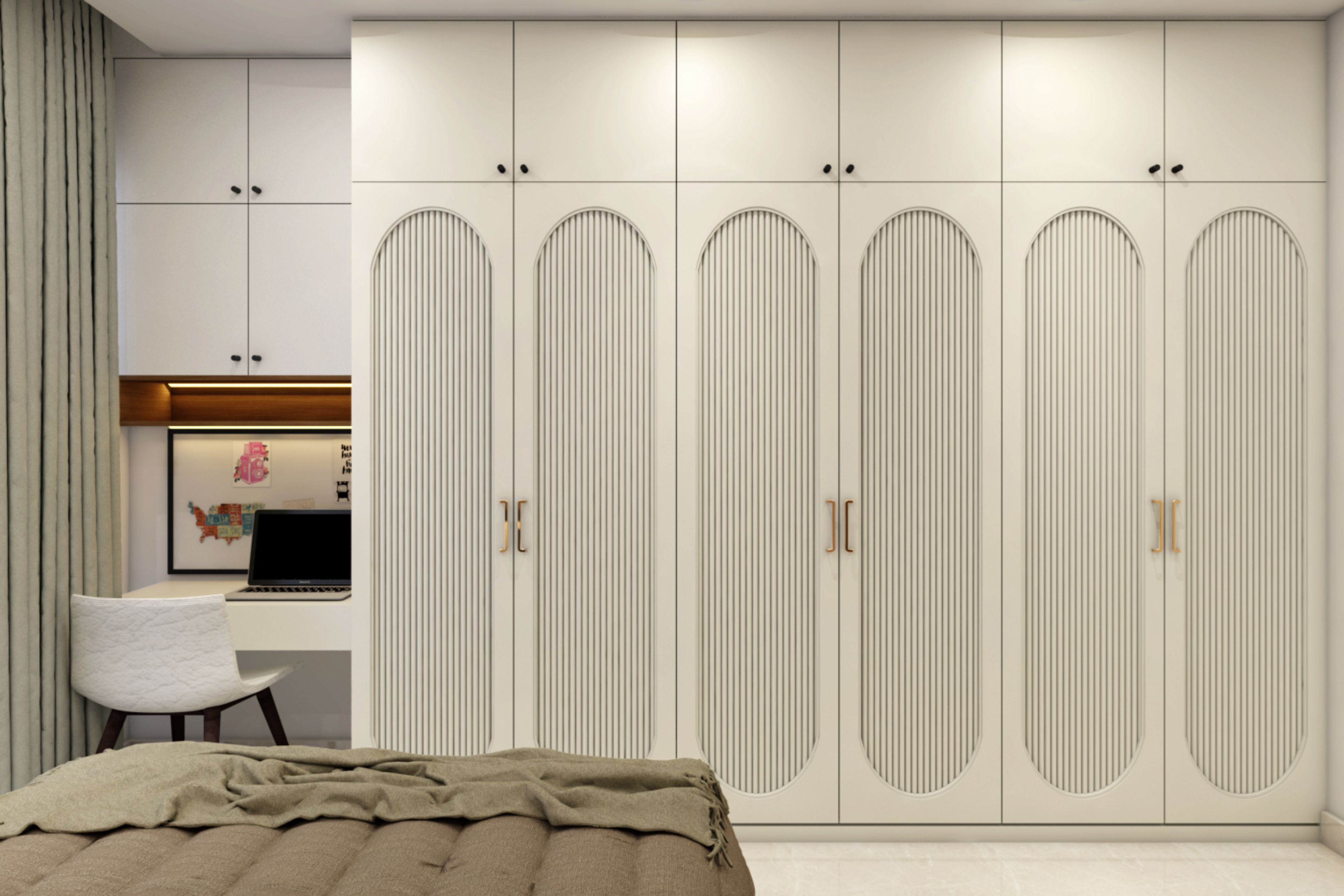 6-Door Contemporary Swing Wardrobe Design with Study in Cream Finish