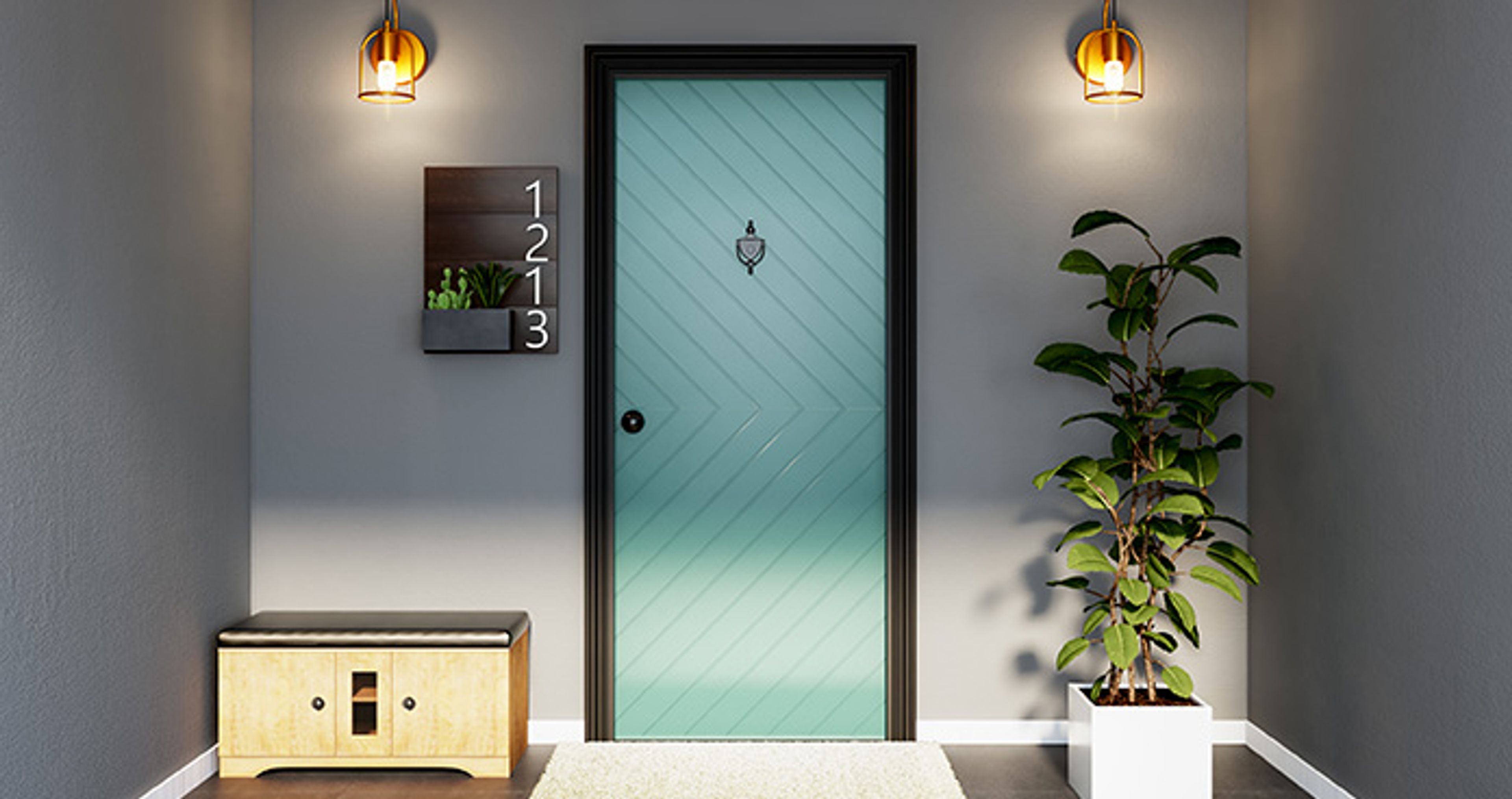 Blue door design with wooden frame with a plant and a seating bench on the side of the door - Livspace