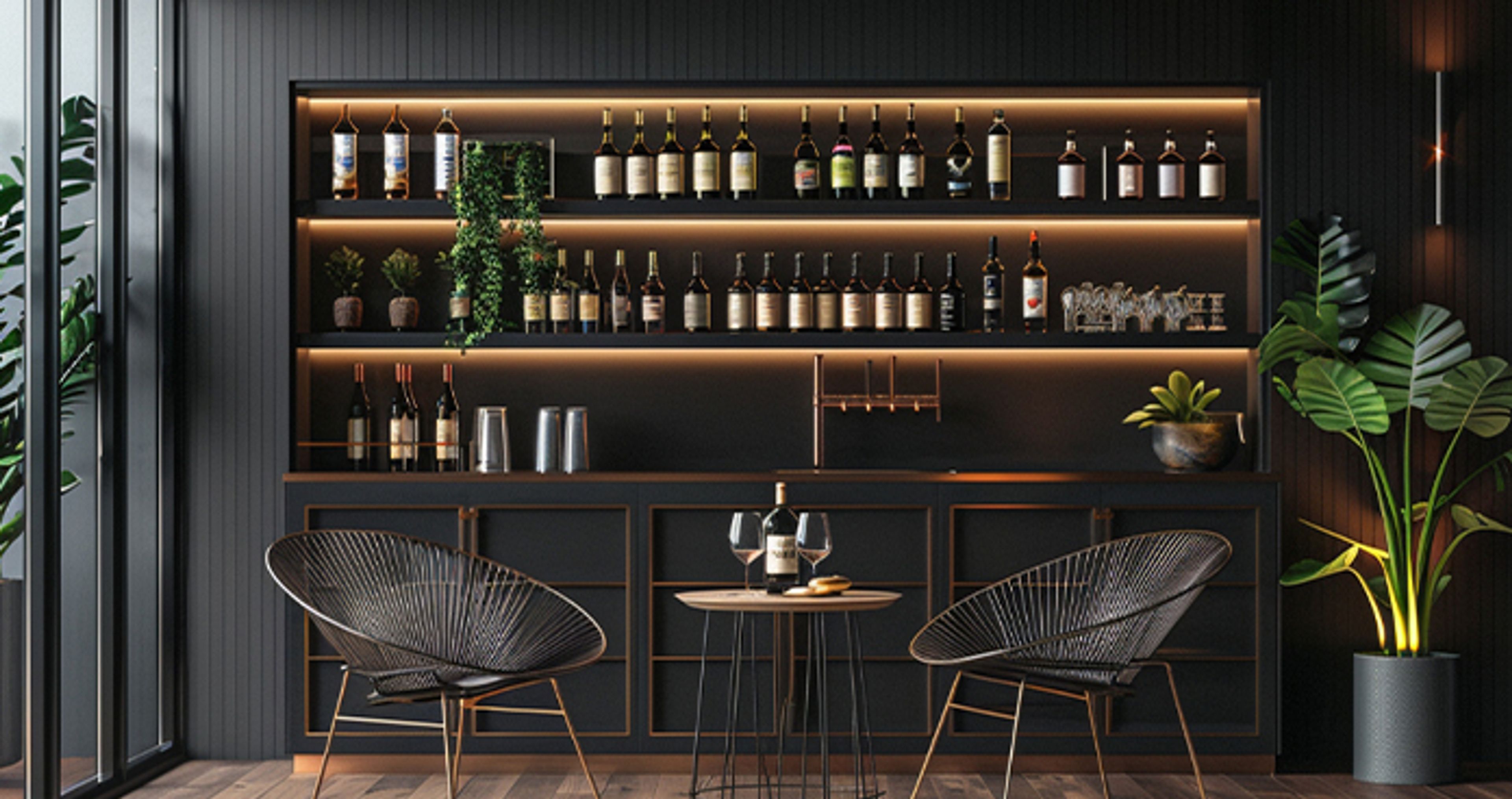 Black Home Bar Design with Open Display