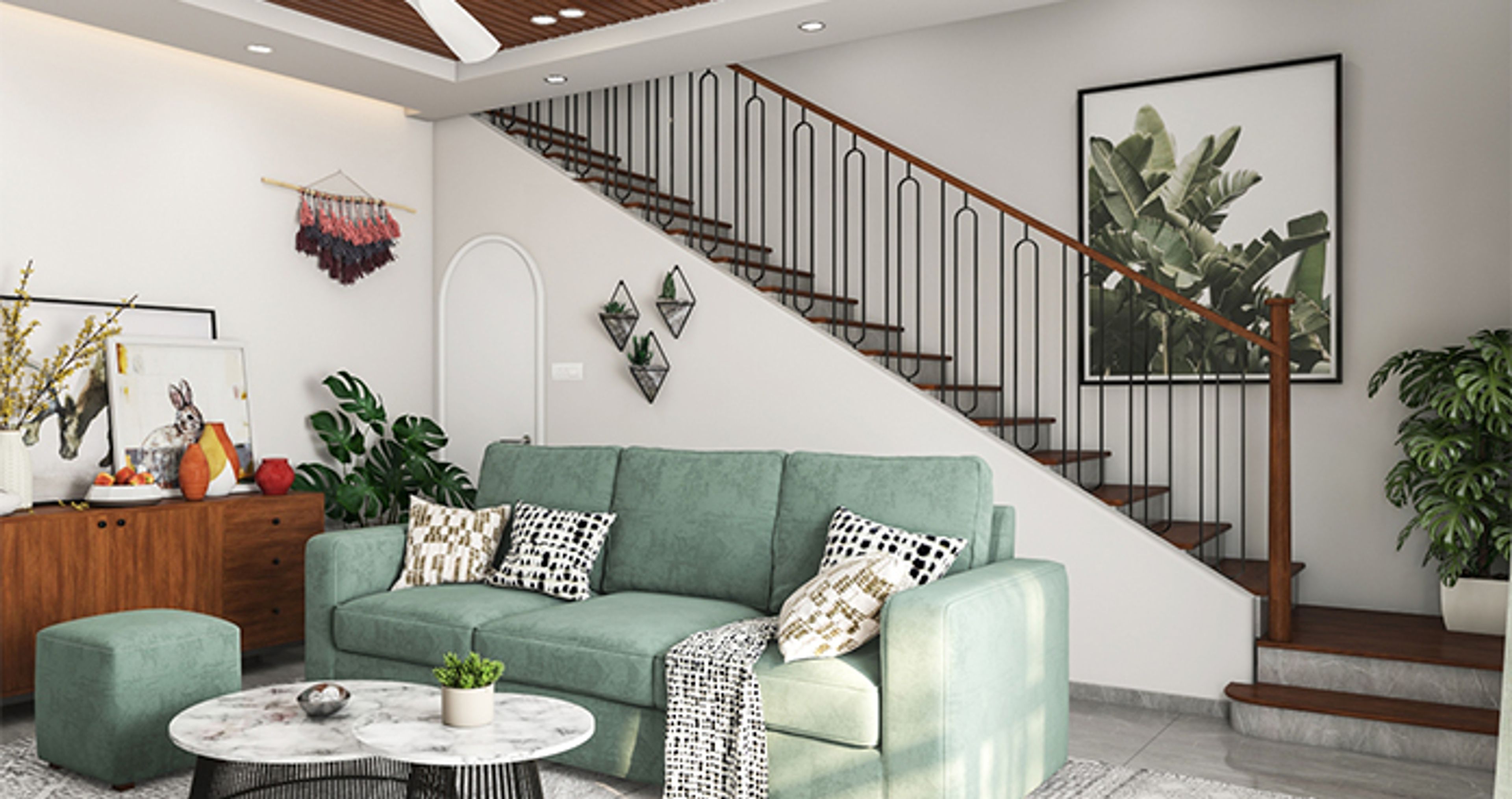 Staircase Design with Wooden Steps and Iron Railings