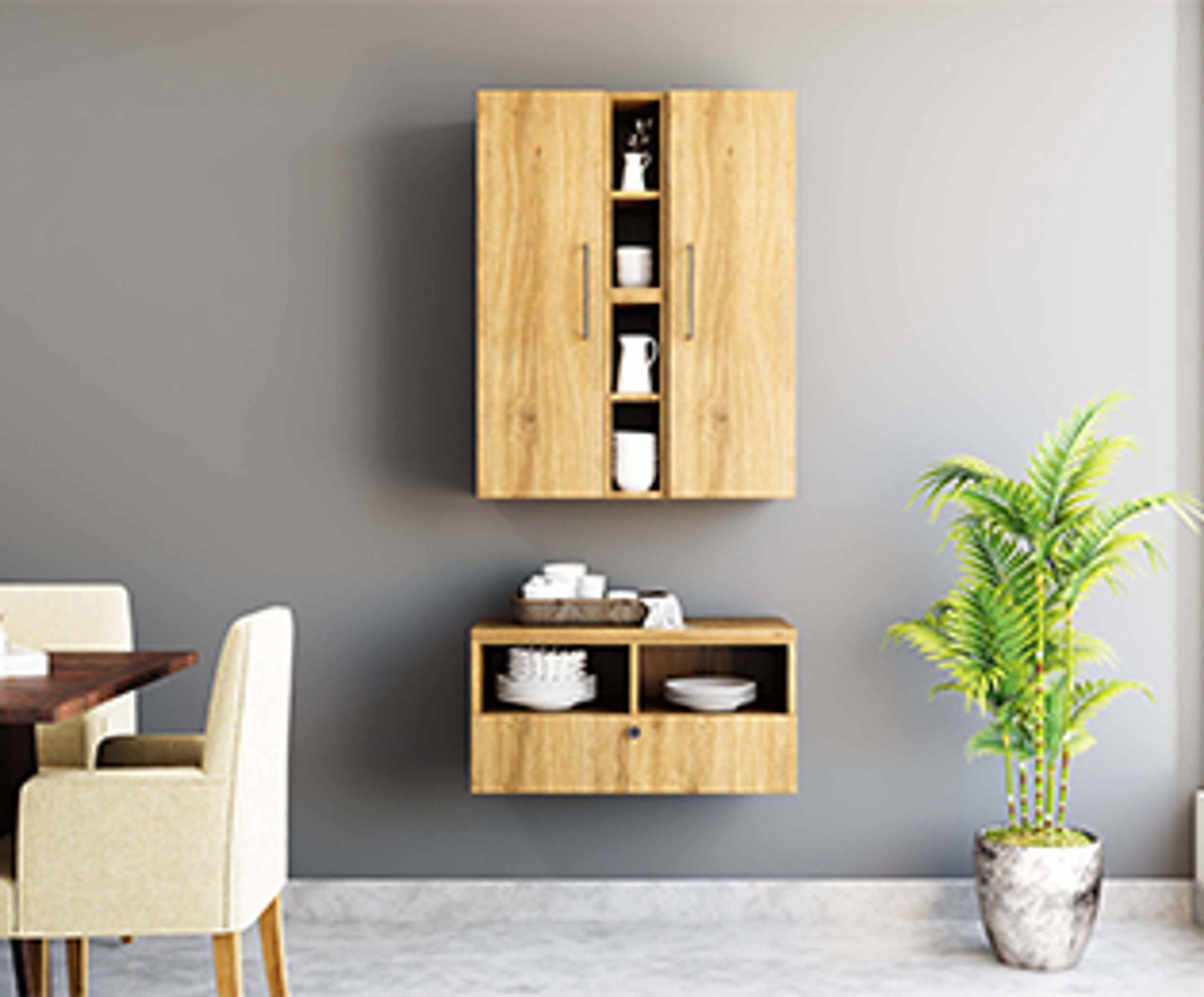 Wooden Crockery Unit Design with Grey Walls