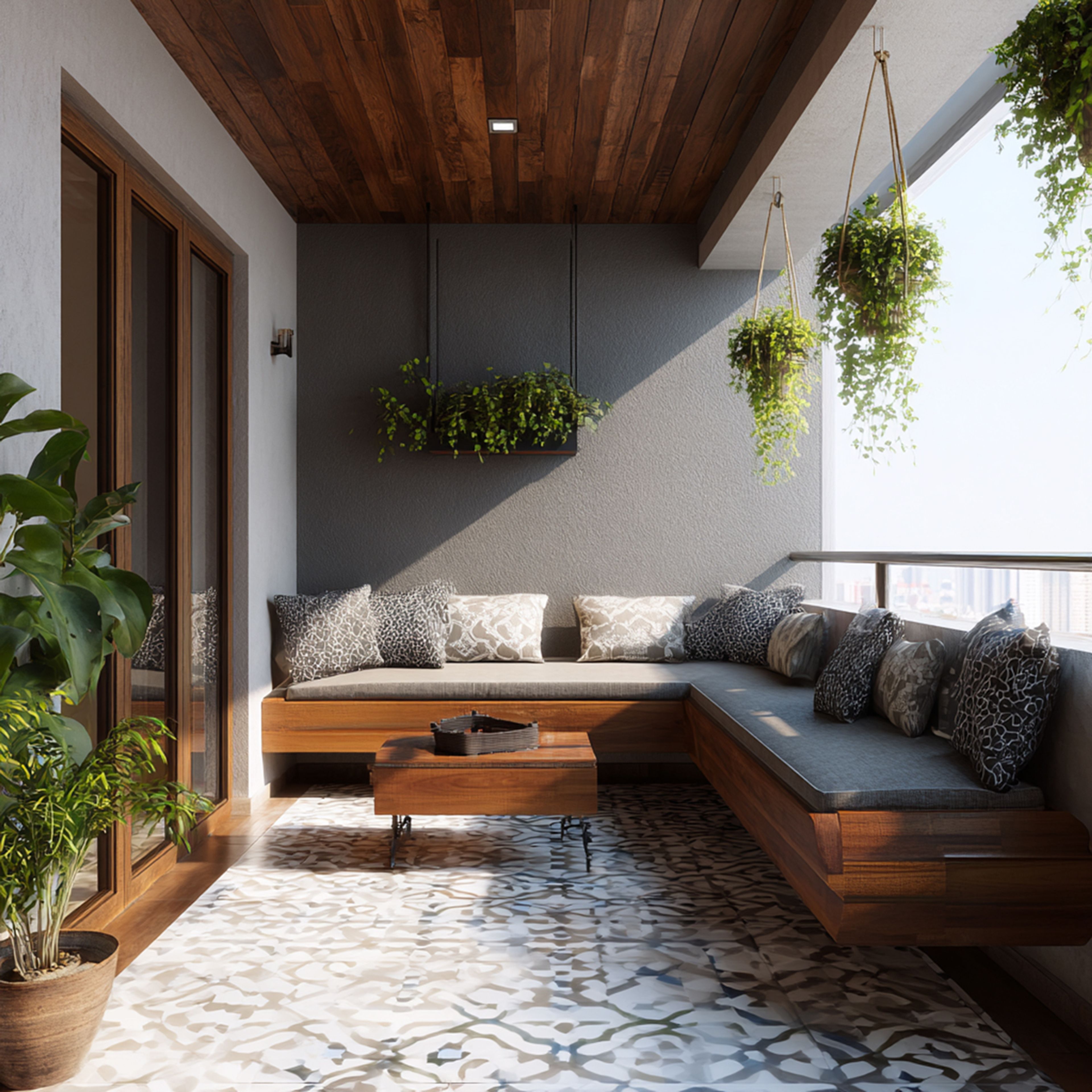 Balcony Design with Wooden Seating and Patterned Tile Flooring