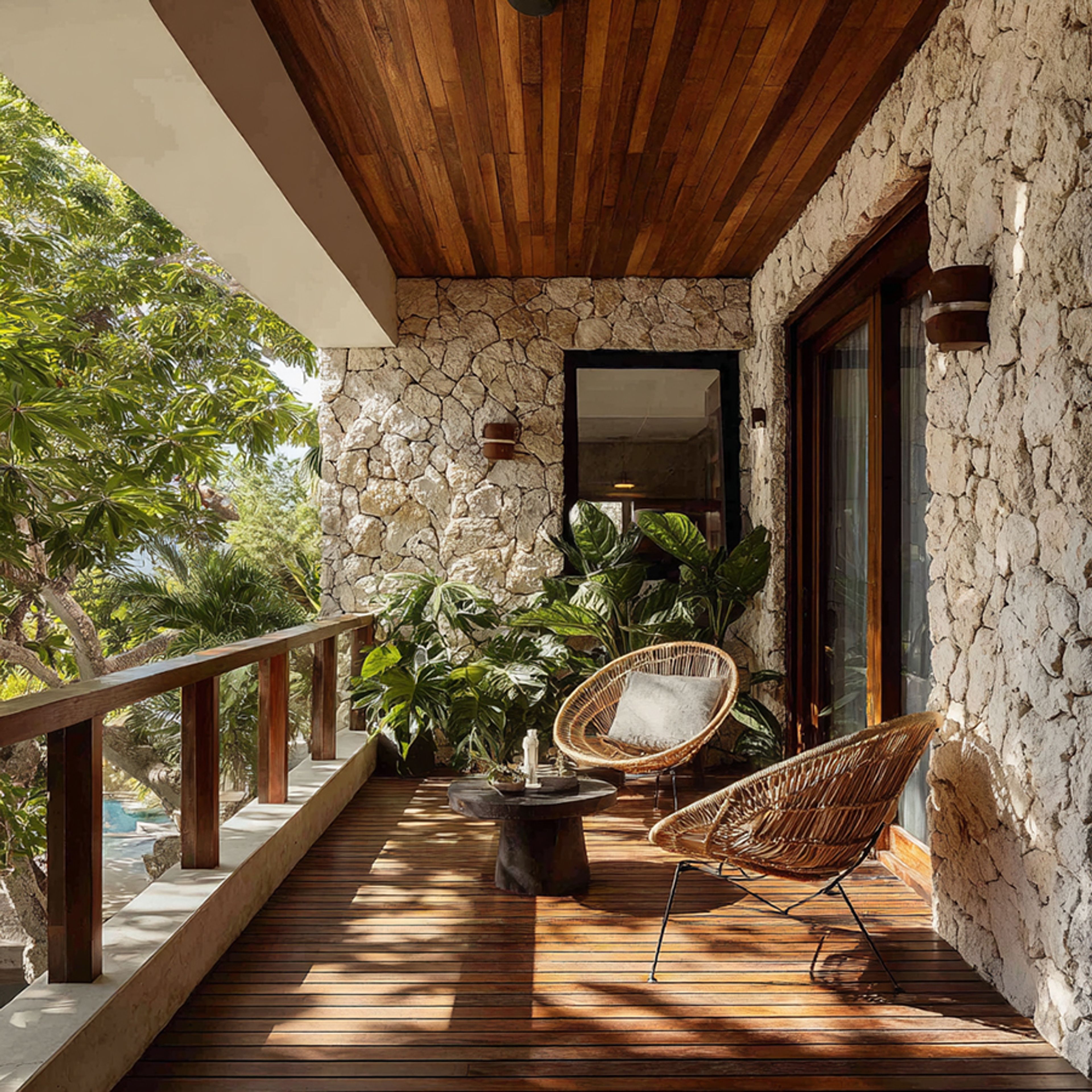 Balcony Design with Stone Wall and Wicker Lounge Seating