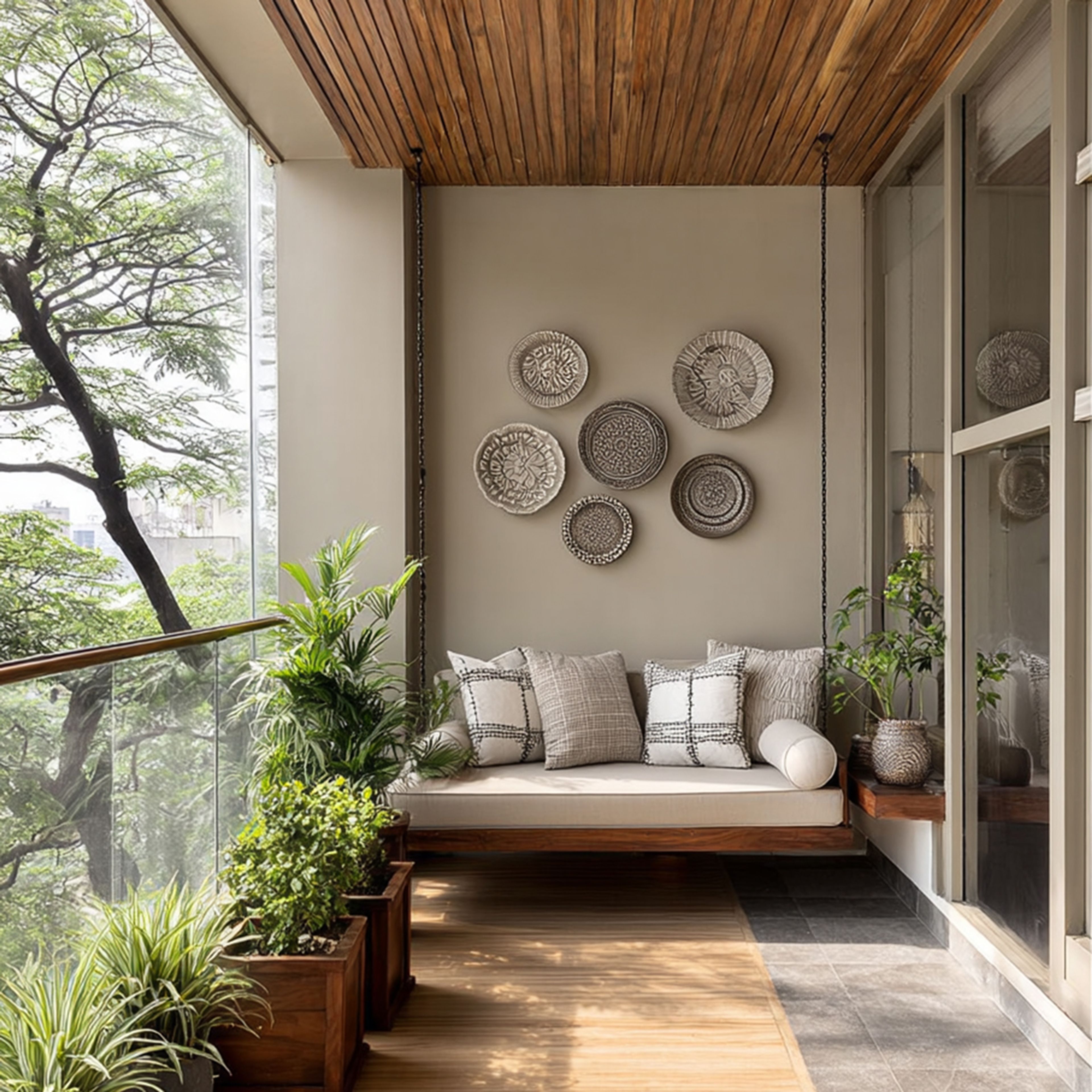 Balcony Design with Swing Bench and Decorative Wall Plates