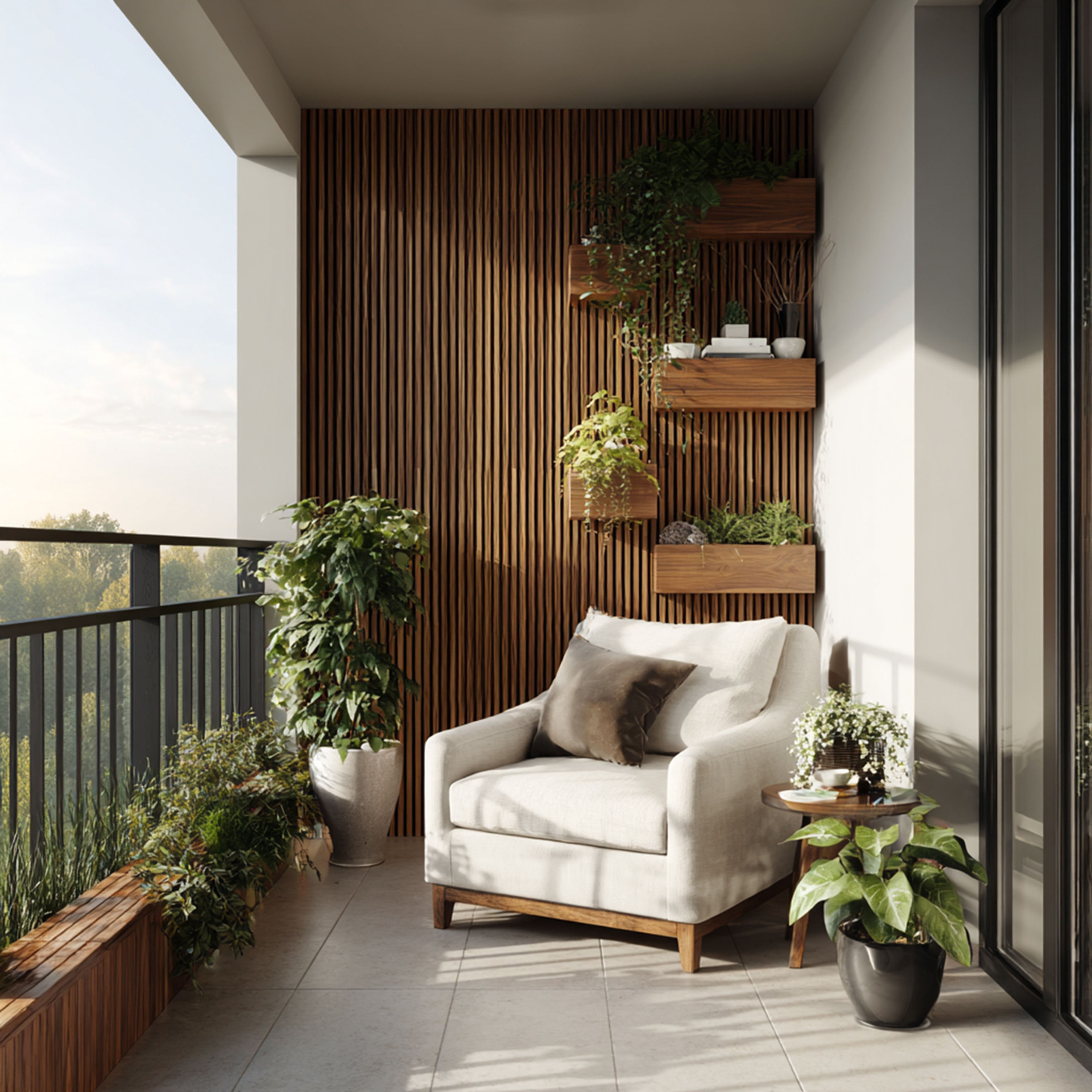 Balcony Design with Wooden Slat Panels and Glass Railing Views