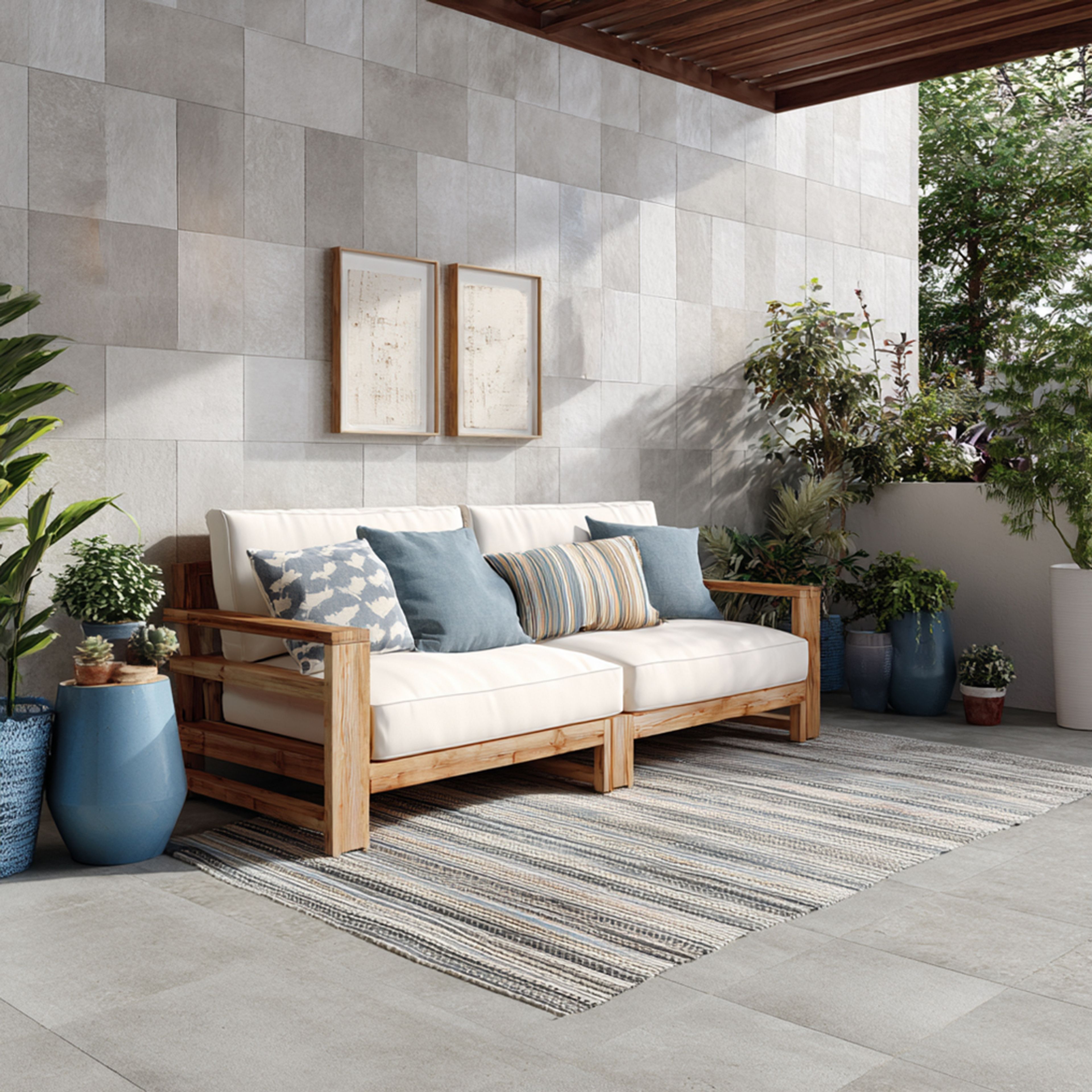 Balcony Design with Large Light-Gray Textured Tiles and Large Wooden Sofa
