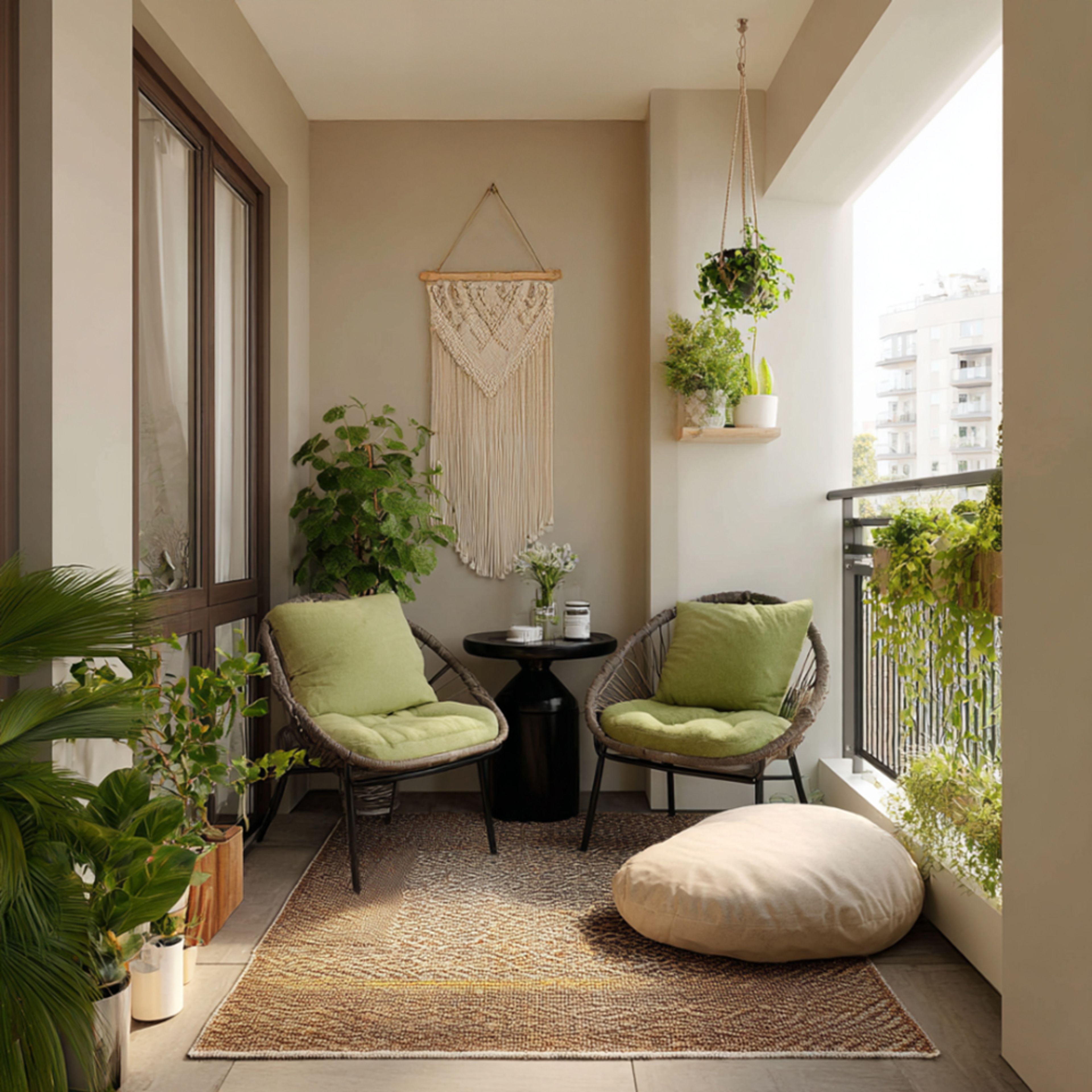 Balcony Design with Macramé Art and Green Cushions