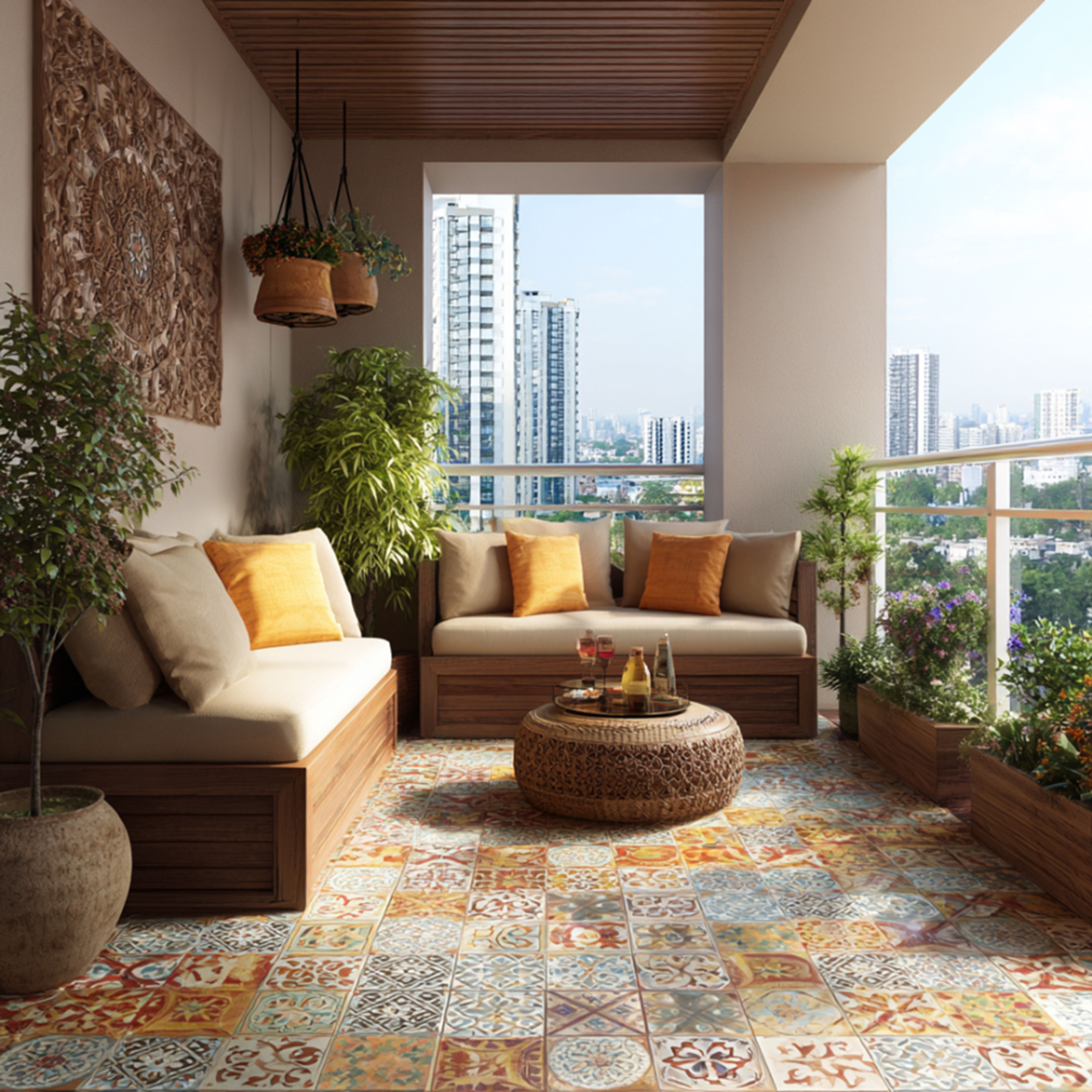 Balcony Design with Built-in Benches and Carved Decor