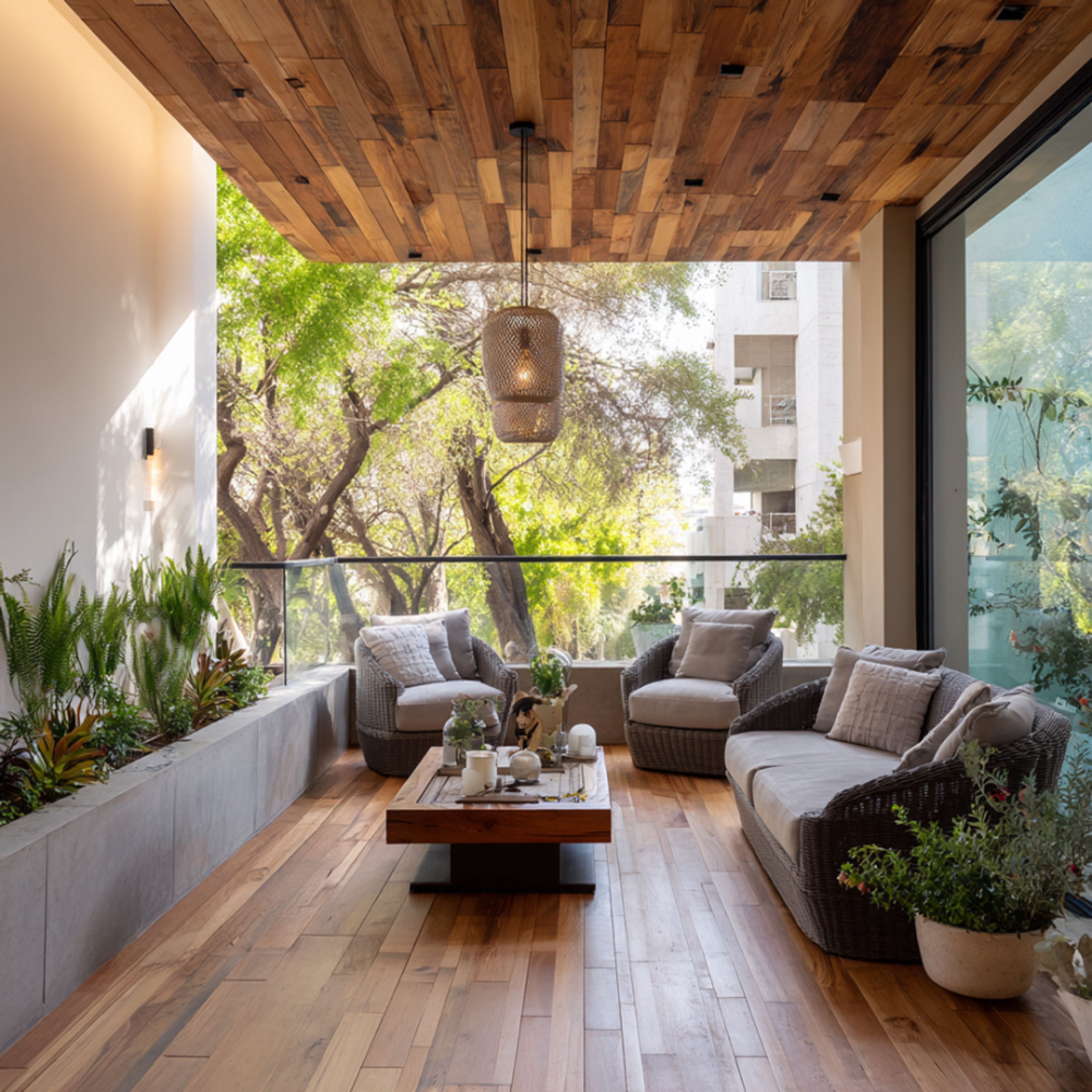 Balcony Design with Wooden Ceiling and Wicker Seating