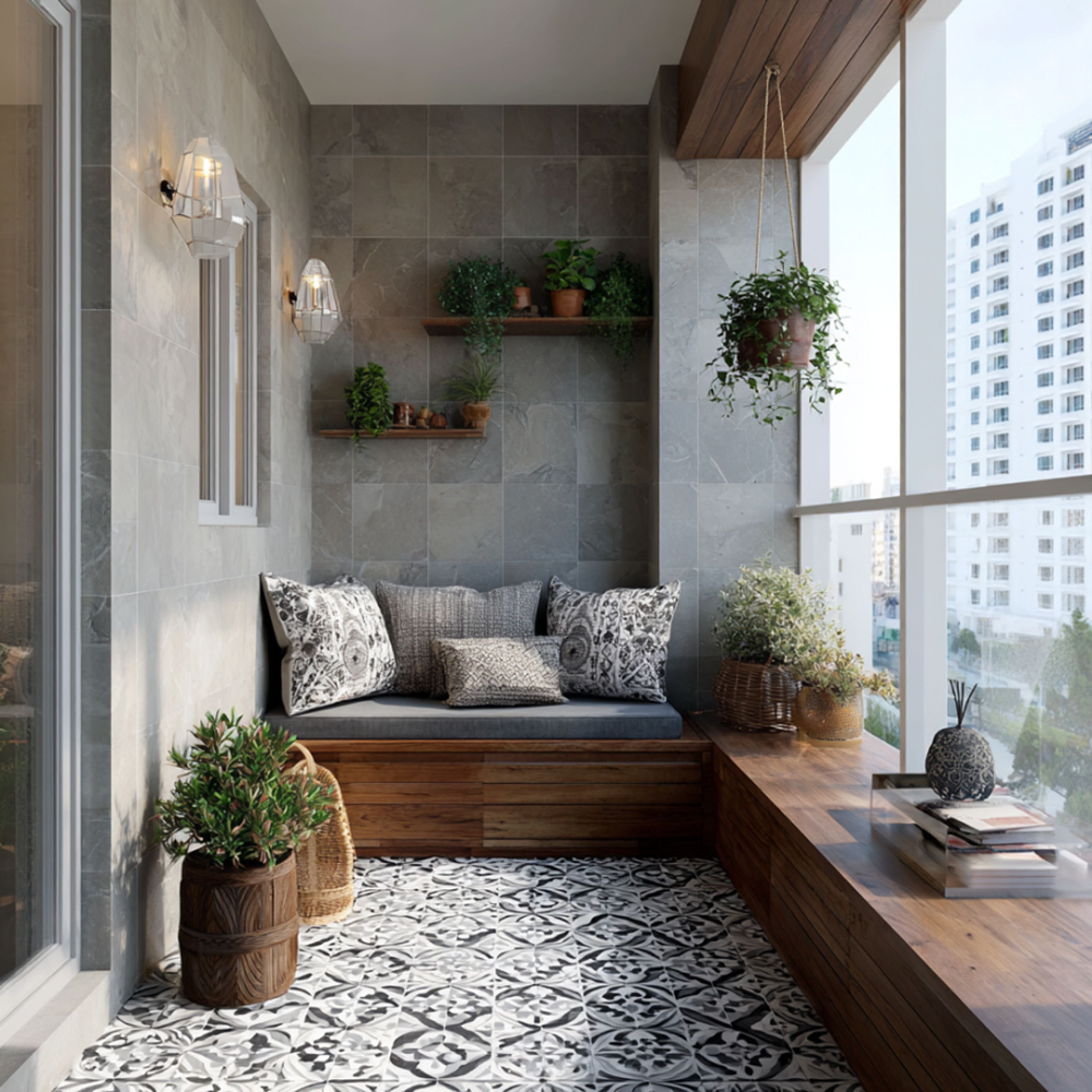 Balcony Design with Patterned Tiles and Cushioned Bench