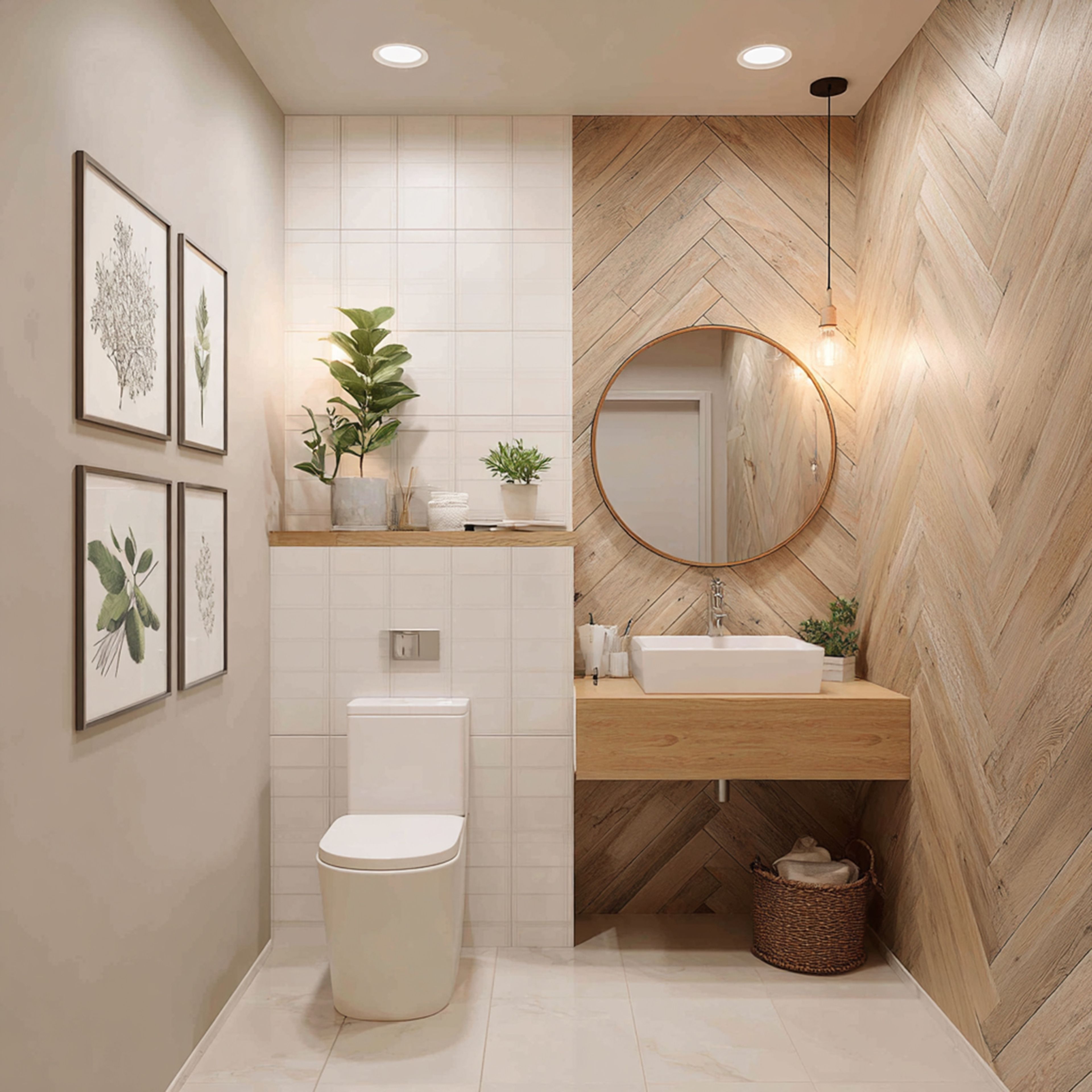 White, Light Cream and Wooden Contemporary Bathroom Design with Floating Vanity