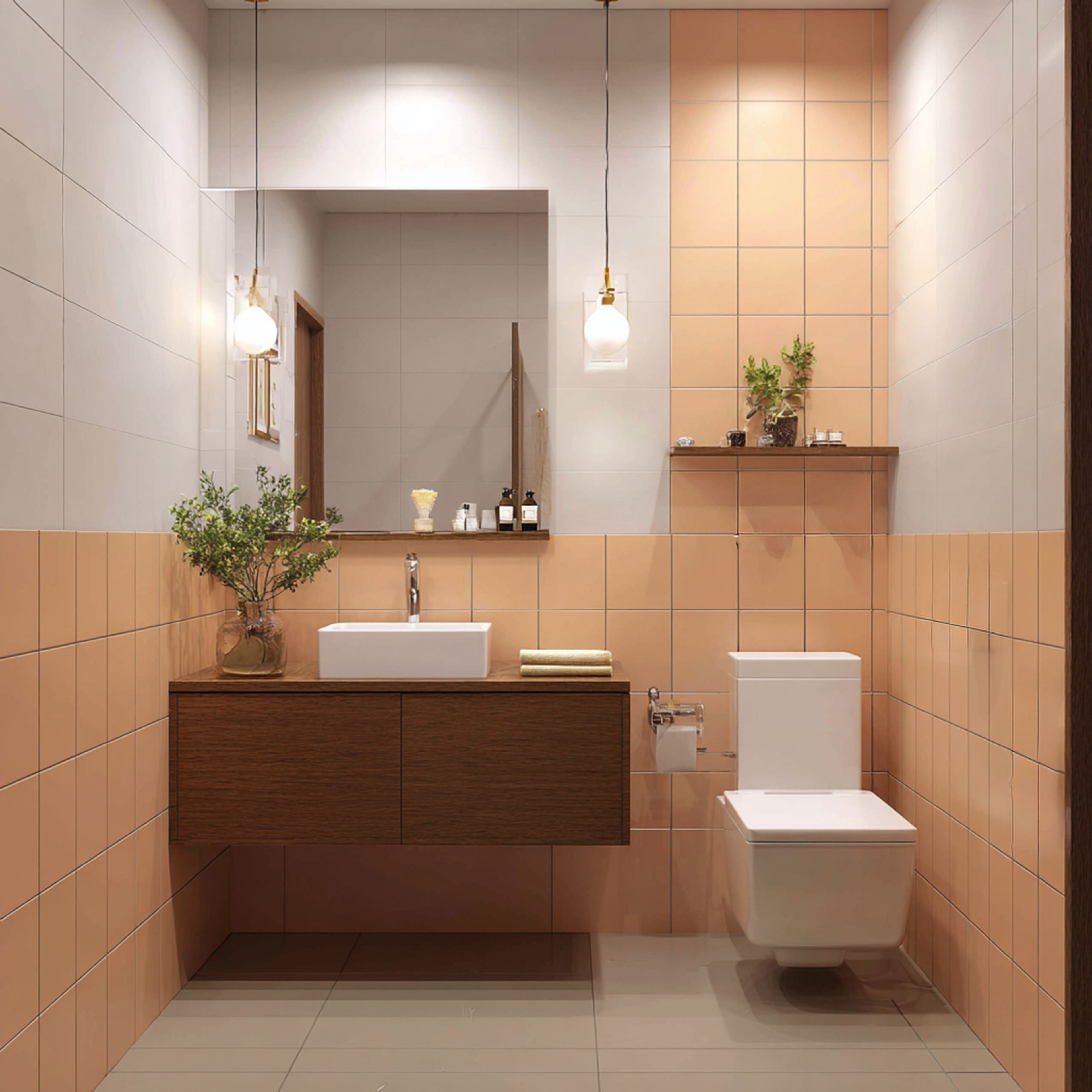 Peach, Beige and White Modern Bathroom Design with Floating Vanity