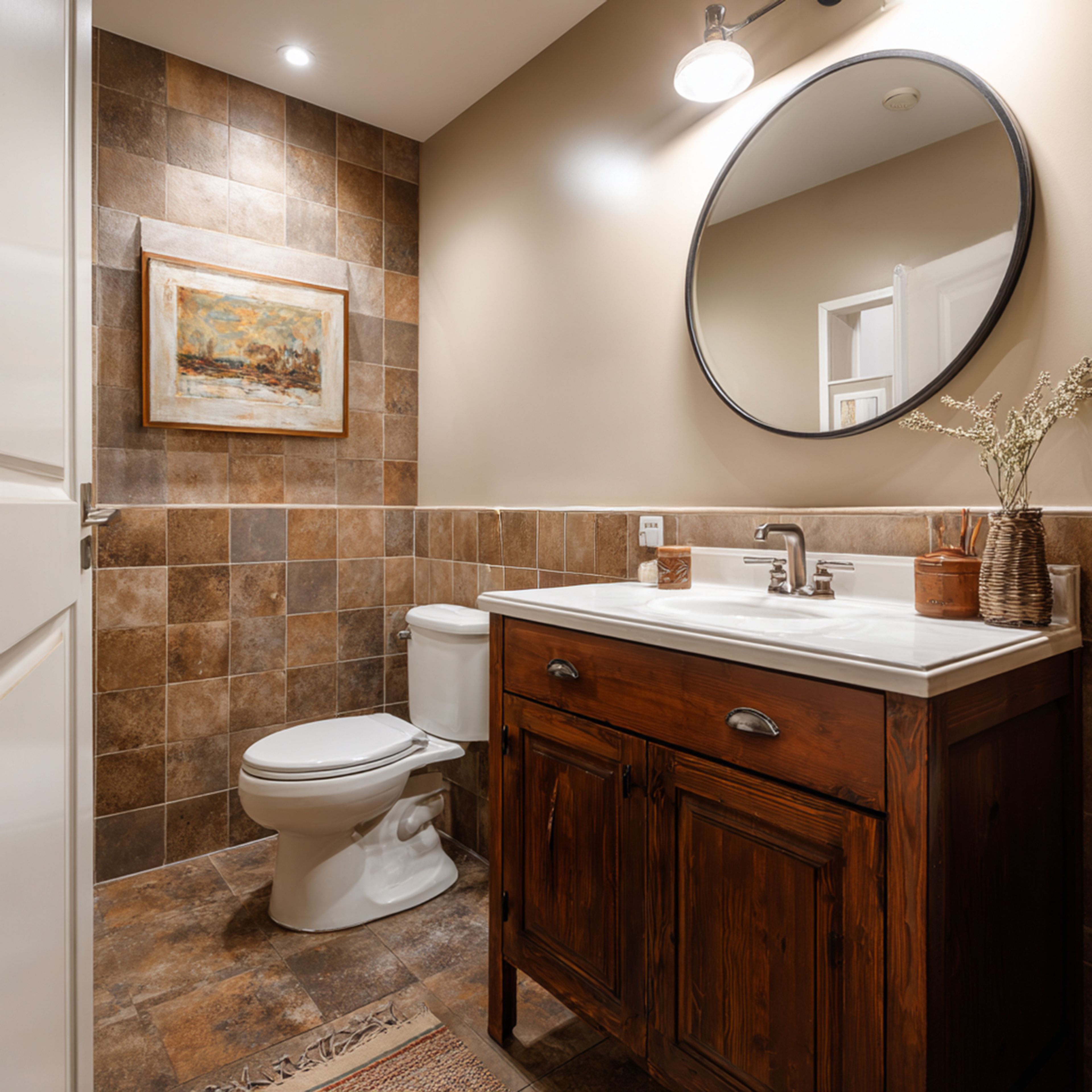 Brown and Beige Rustic Bathroom Design with Floating Vanity and Textured Tiles