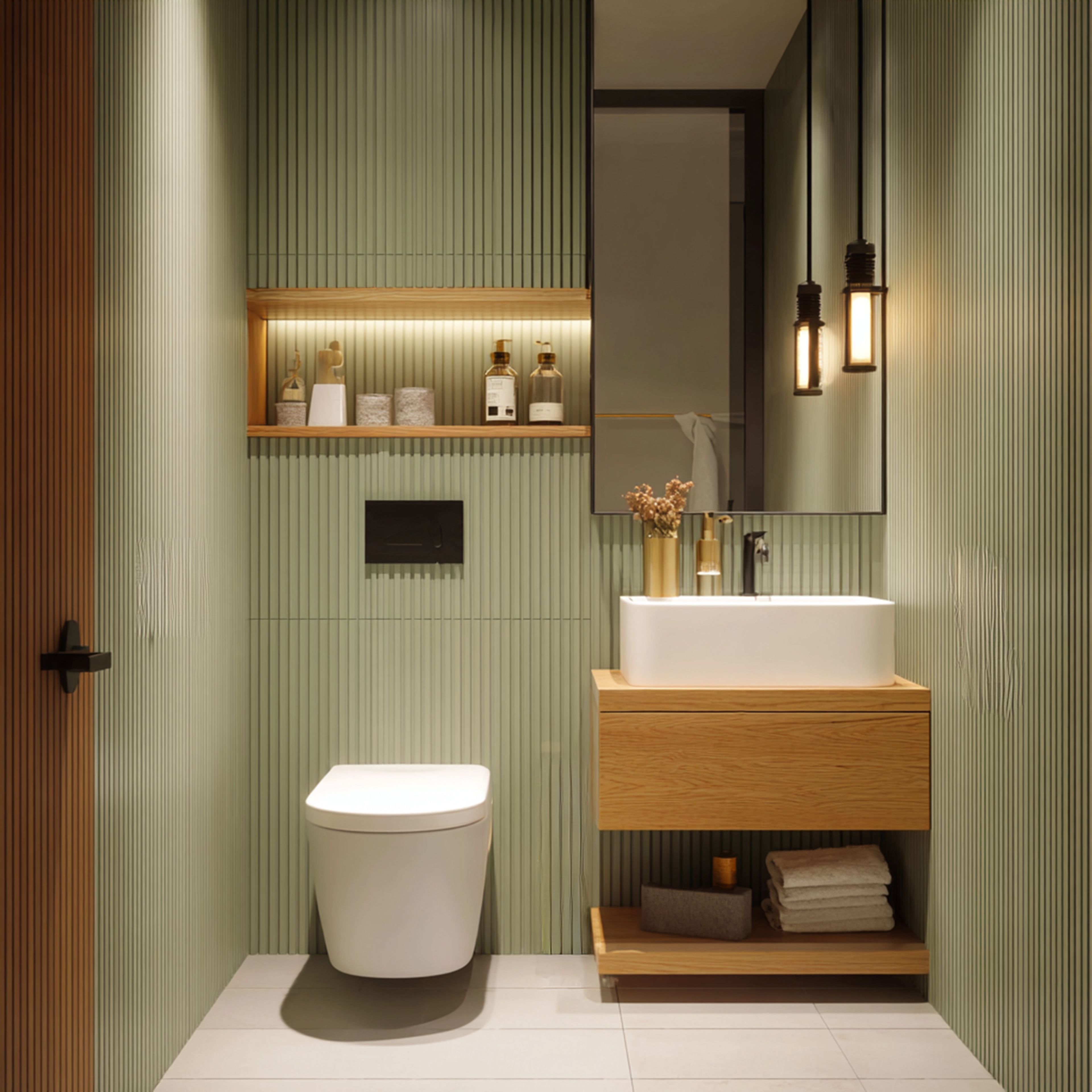 Green and Off-White Modern Bathroom Design with Wooden Vanity and Brass Fixtures