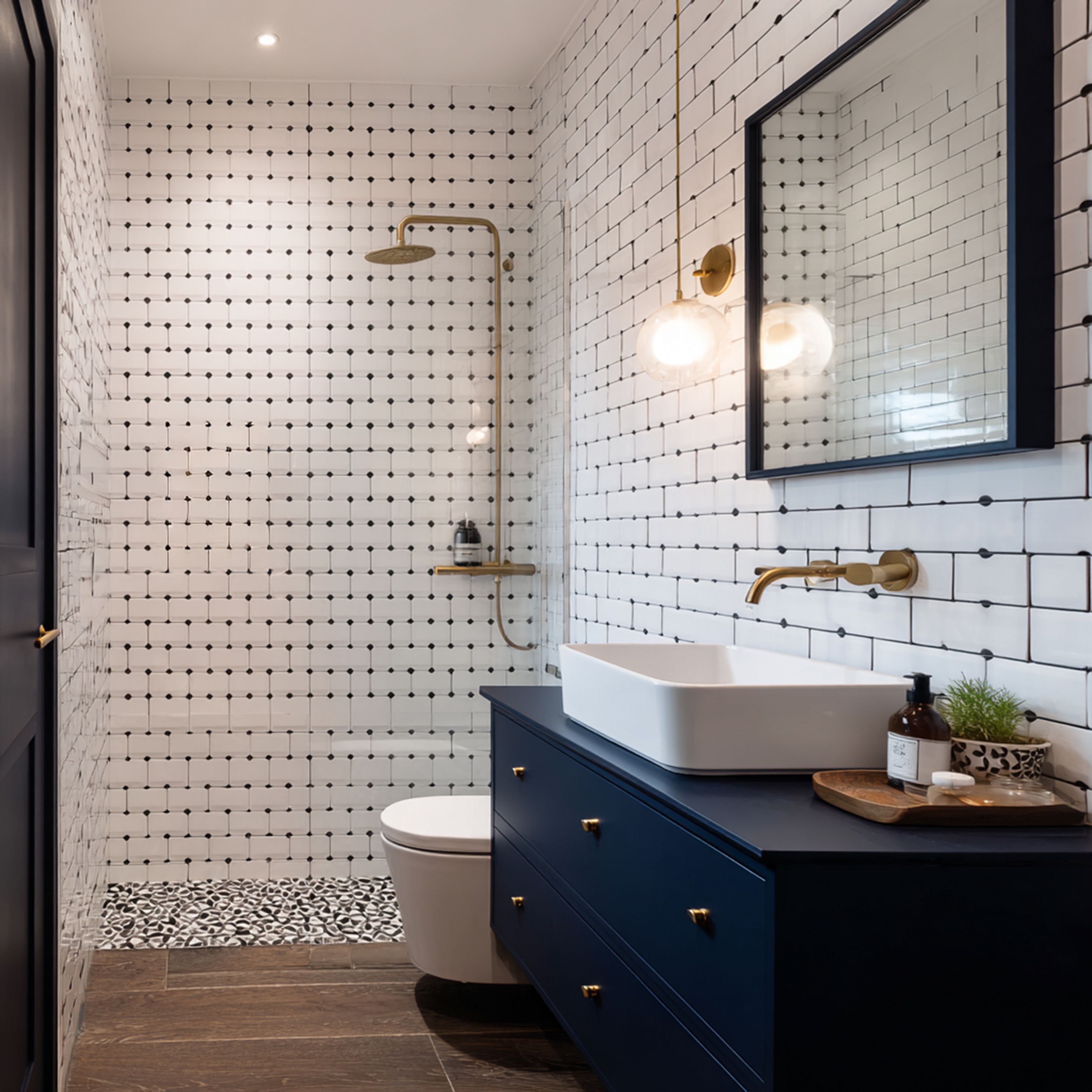Modern Bathroom Design with Backlit Mirror, Floating Vanity and Brass Fixtures