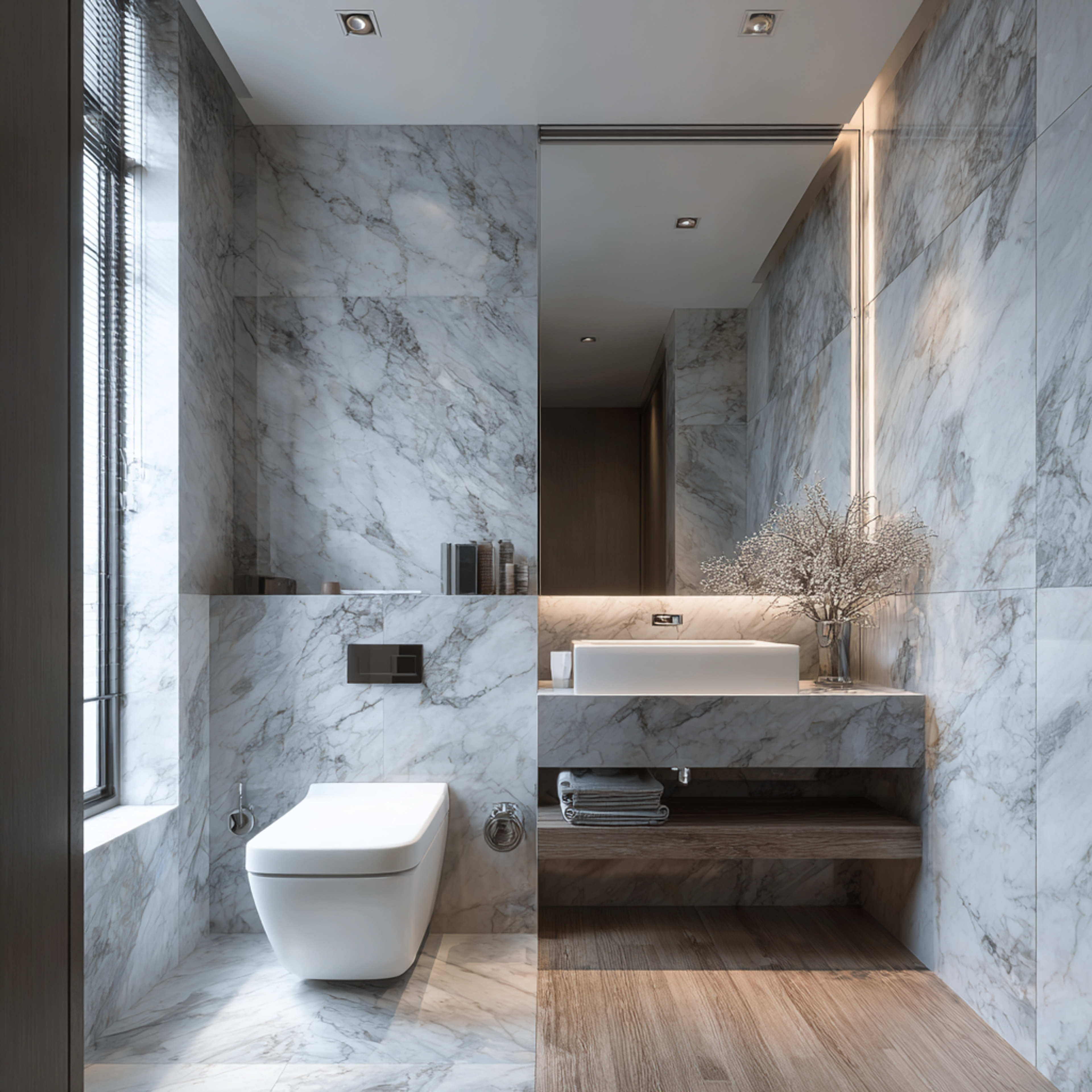 Bathroom with marble walls, wooden flooring, and floating vanity