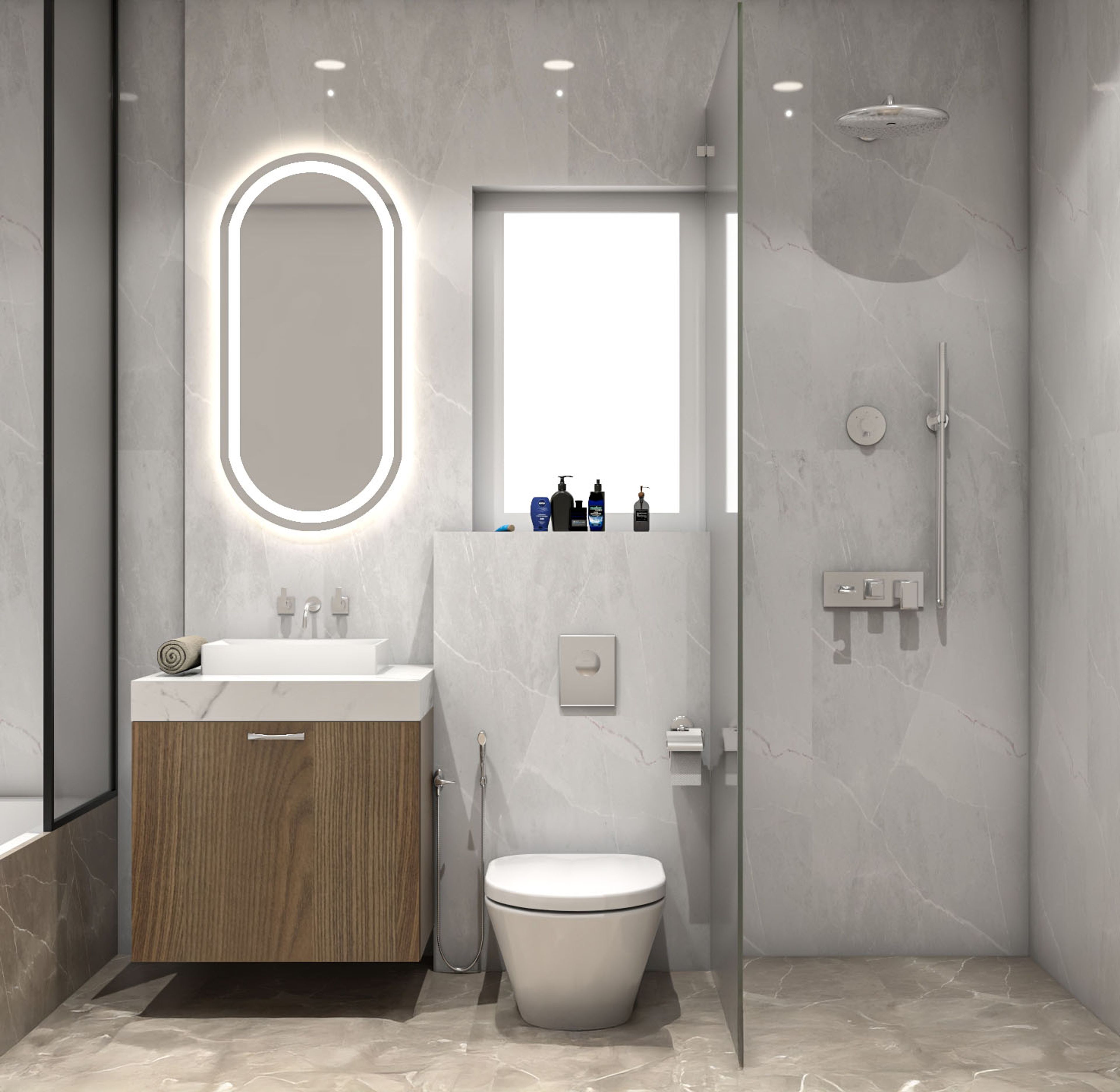 Minimal Bathroom Design With White Tiles And Quartz Countertop