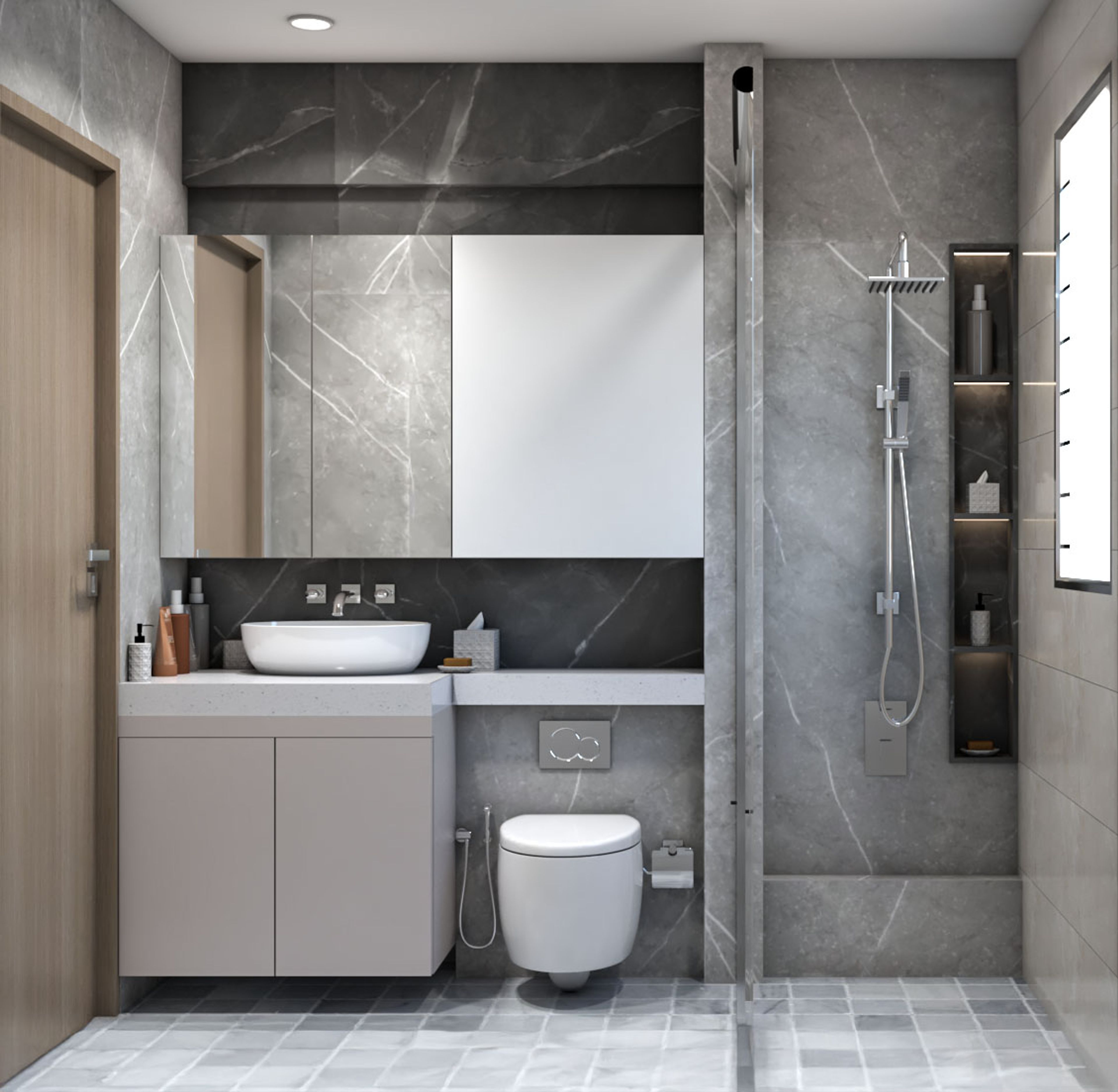 Contemporary Bathroom Design With Grey Walls And Herringbone Tiles Floor