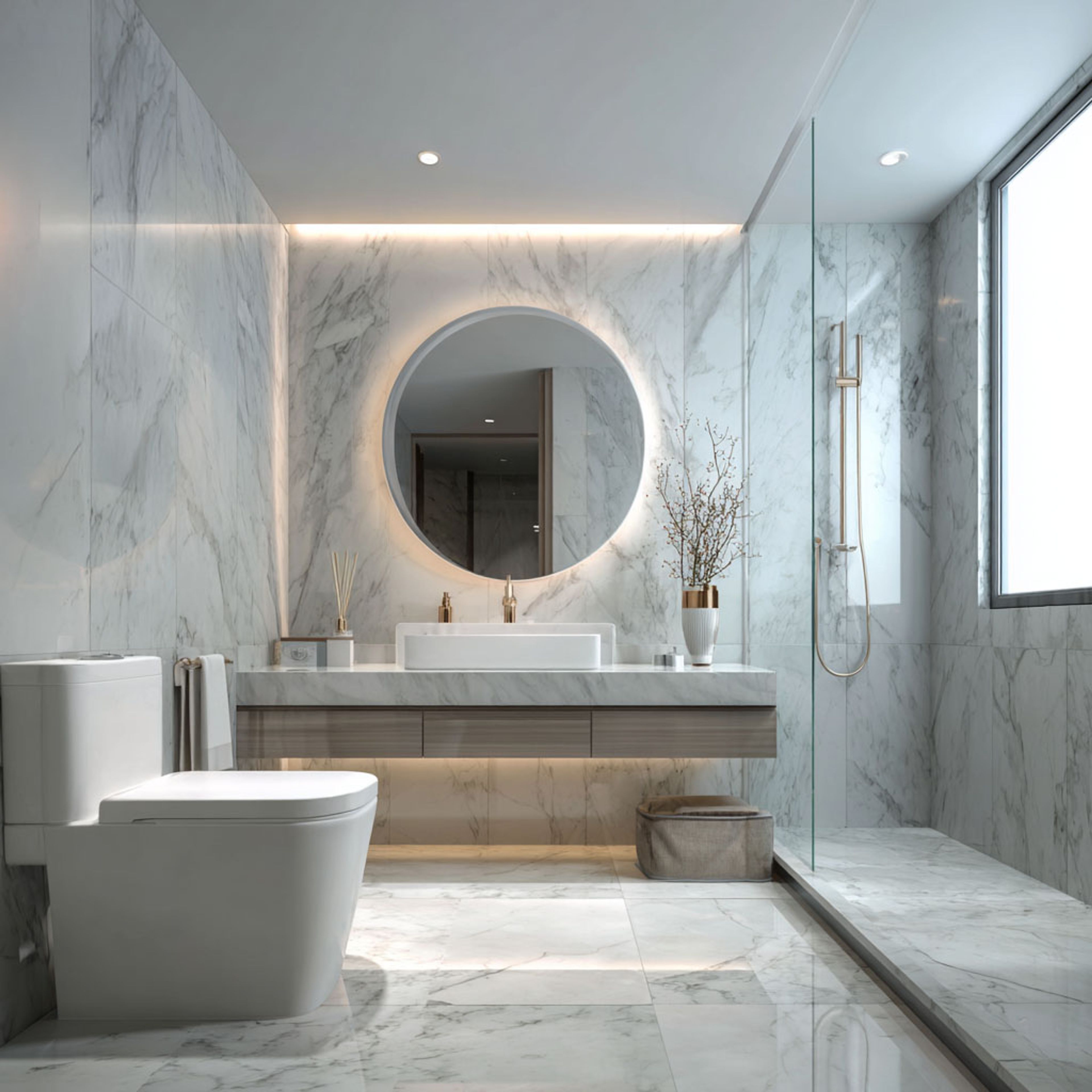 Modern Bathroom Design With Marble Walls And Round Backlit Mirror