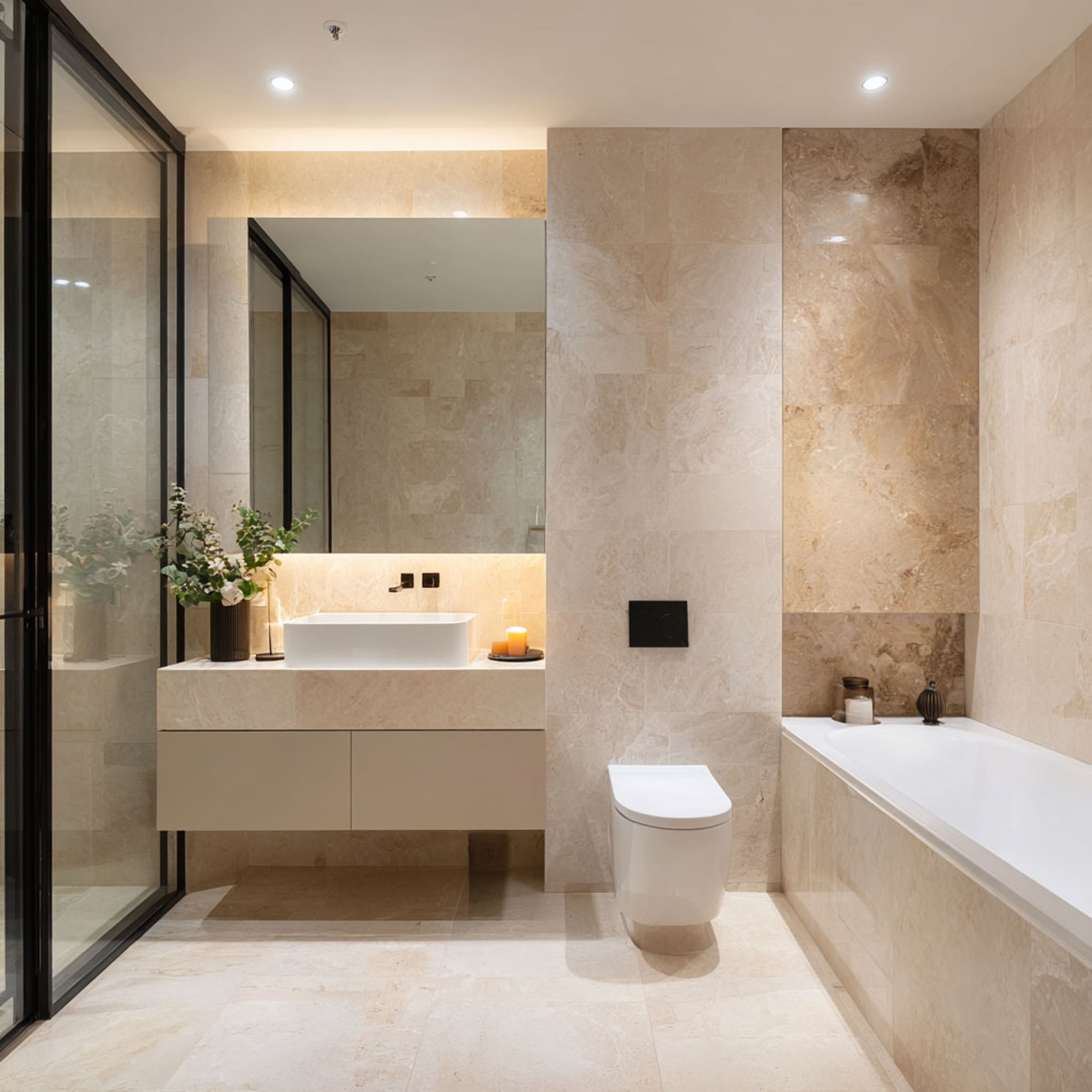 Modern Bathroom Design with Light Beige Tiles, White Bath and Quartz Vanity
