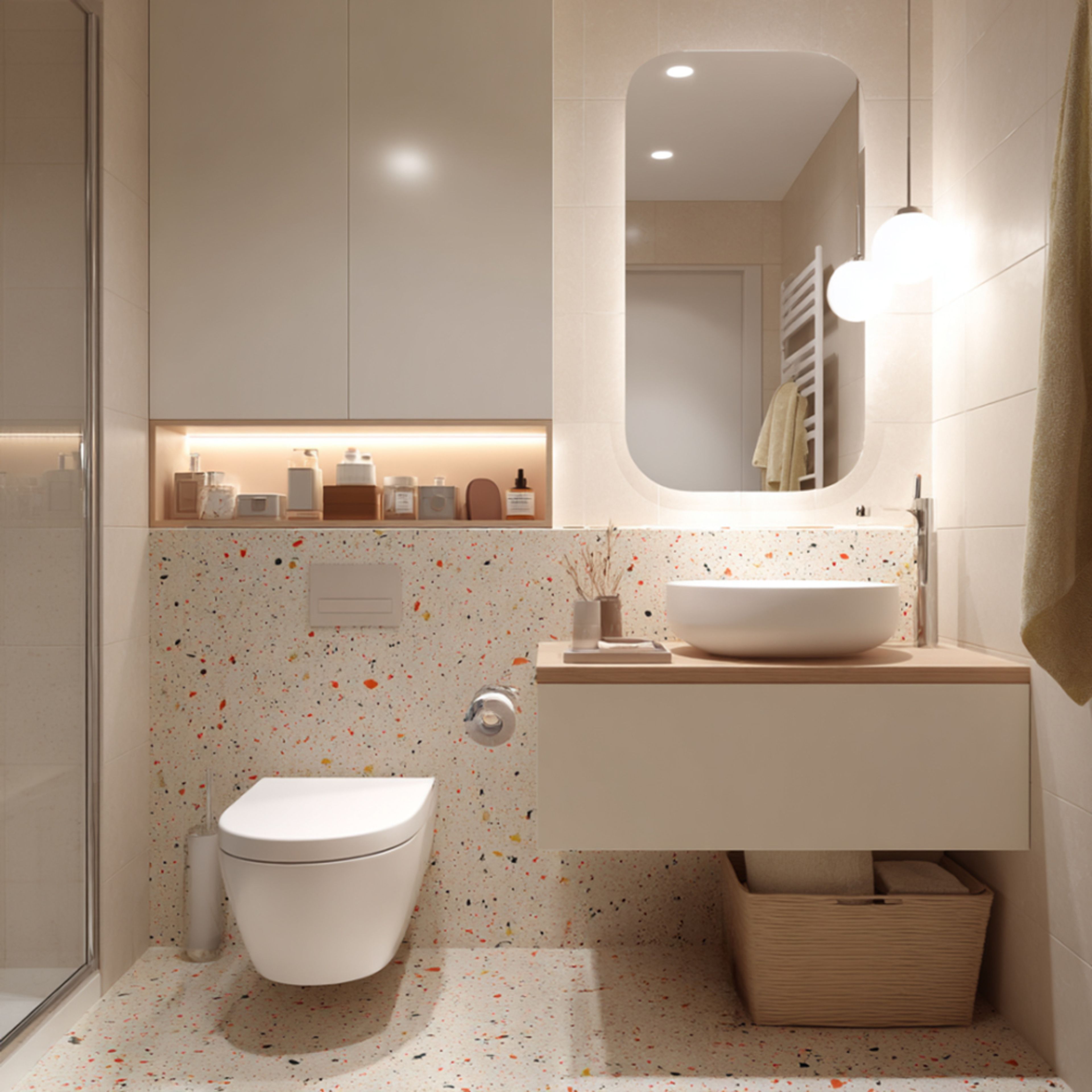 Scandinavian Bathroom Design with Terrazzo Tiles and Suede Vanity Finish