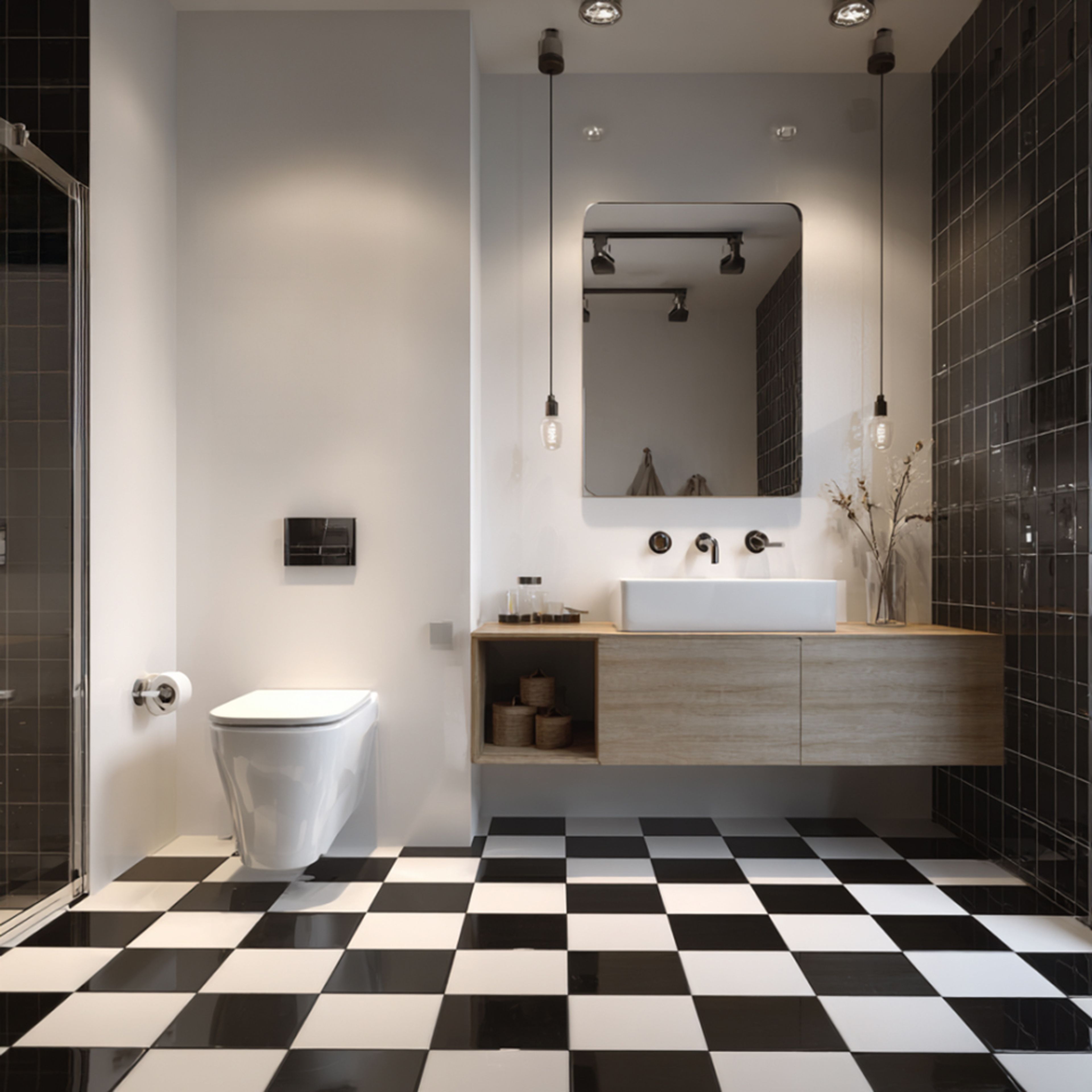 Industrial Bathroom Design with Black Tile and Glass Shower Partition