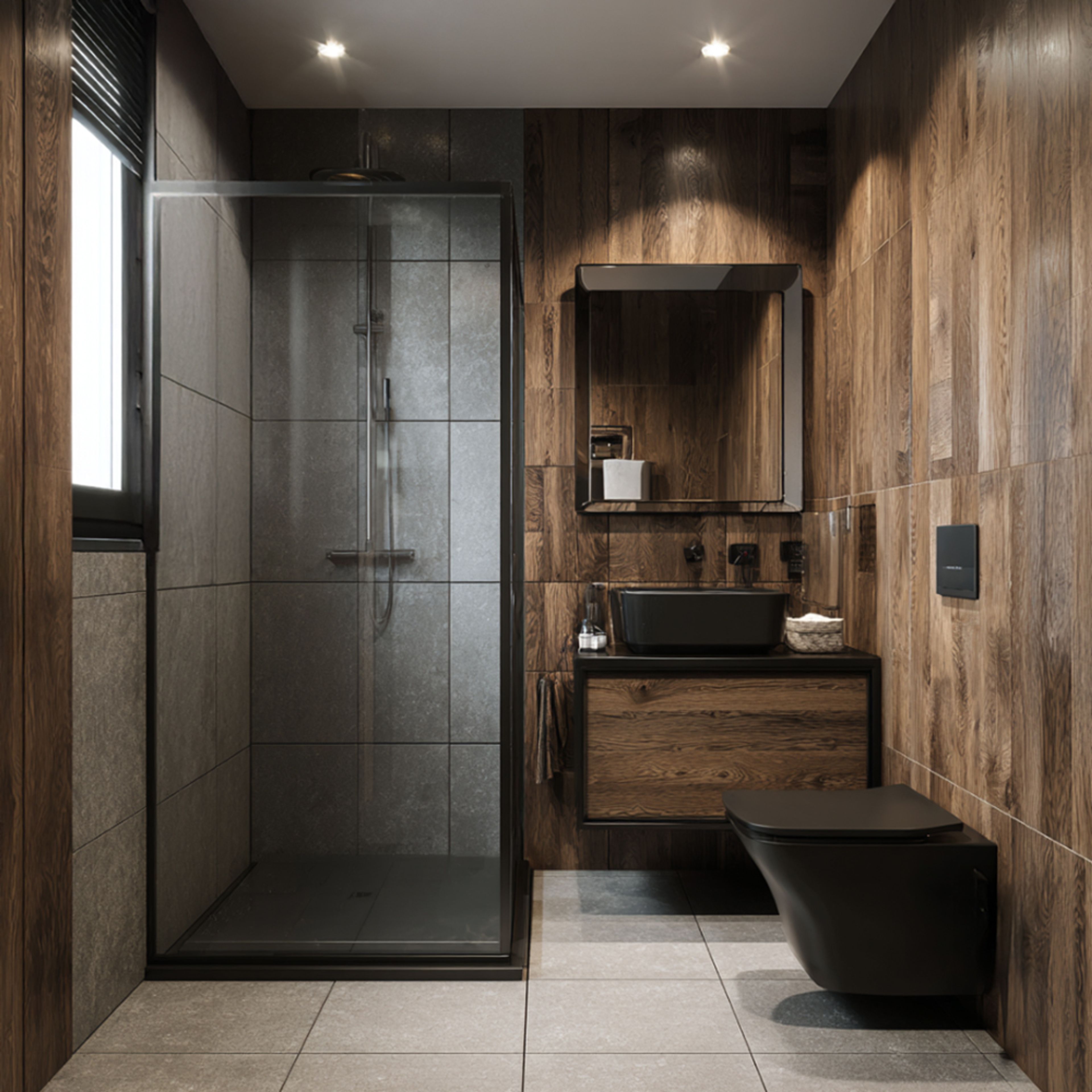 Rustic Bathroom Design with Wood Vanity and Geometric Patterned Flooring