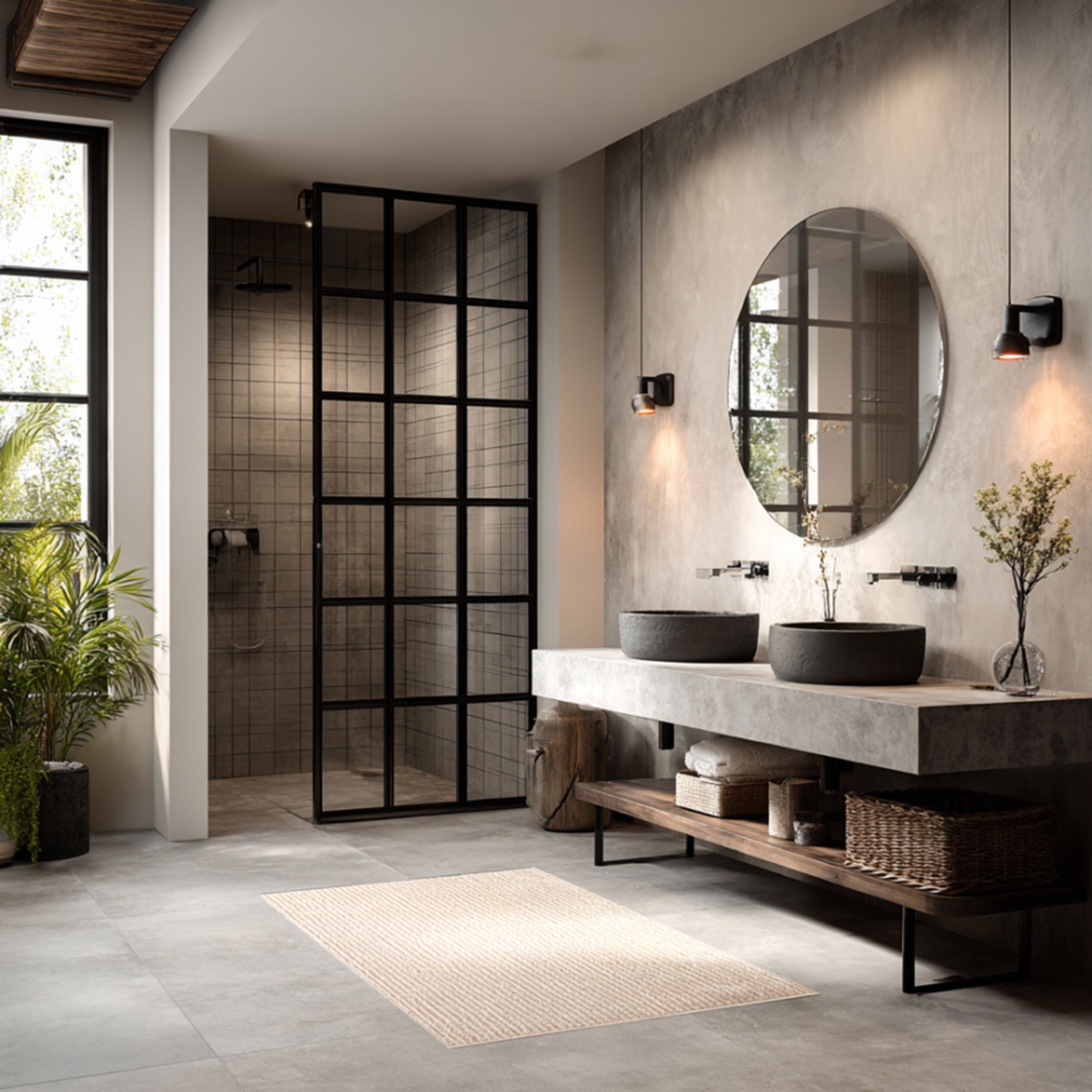 Industrial Bathroom Design with Light Grey Concrete Tiles and Black Fixtures