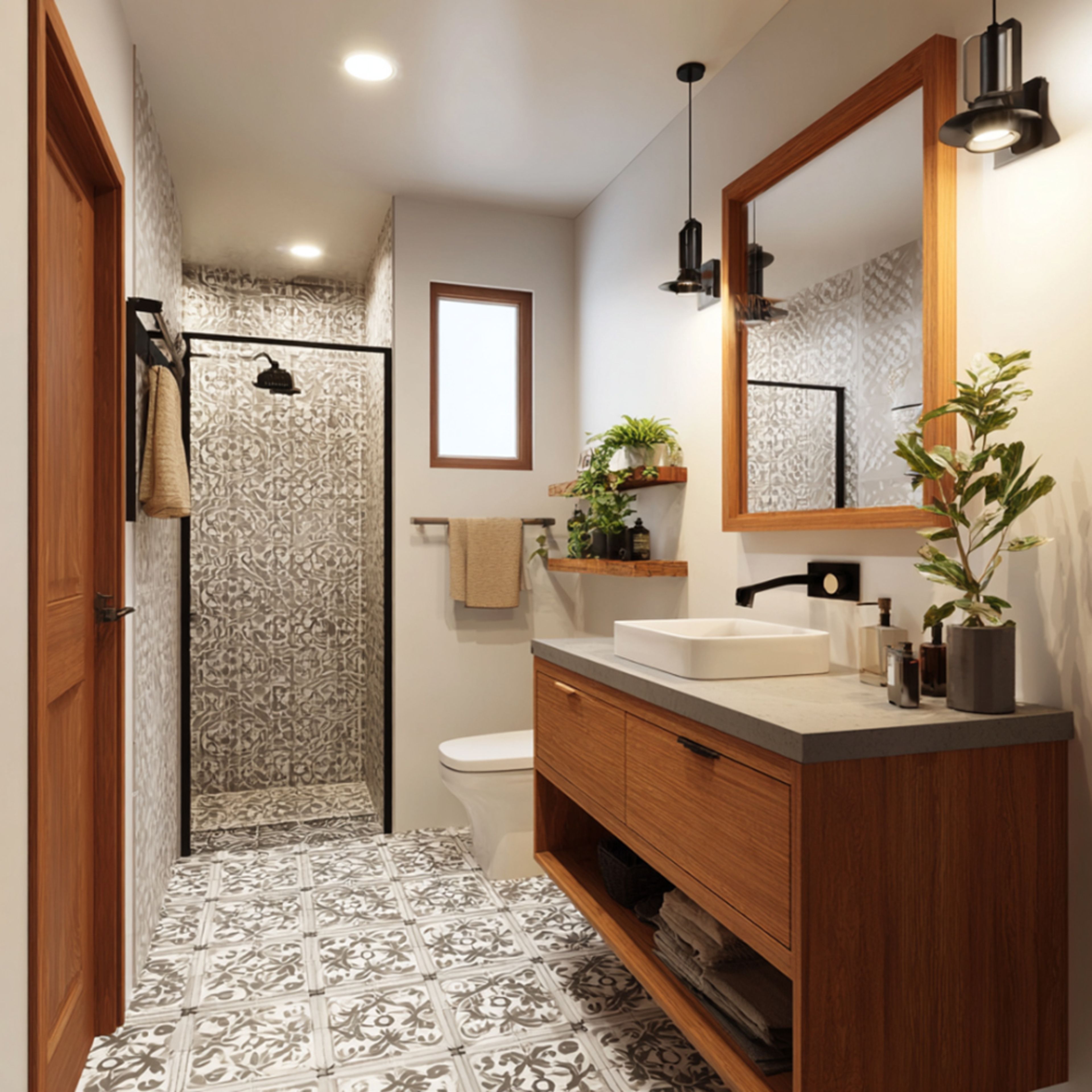 Mediterranean Bathroom Design with Black-and-White Tiles and Round Mirror