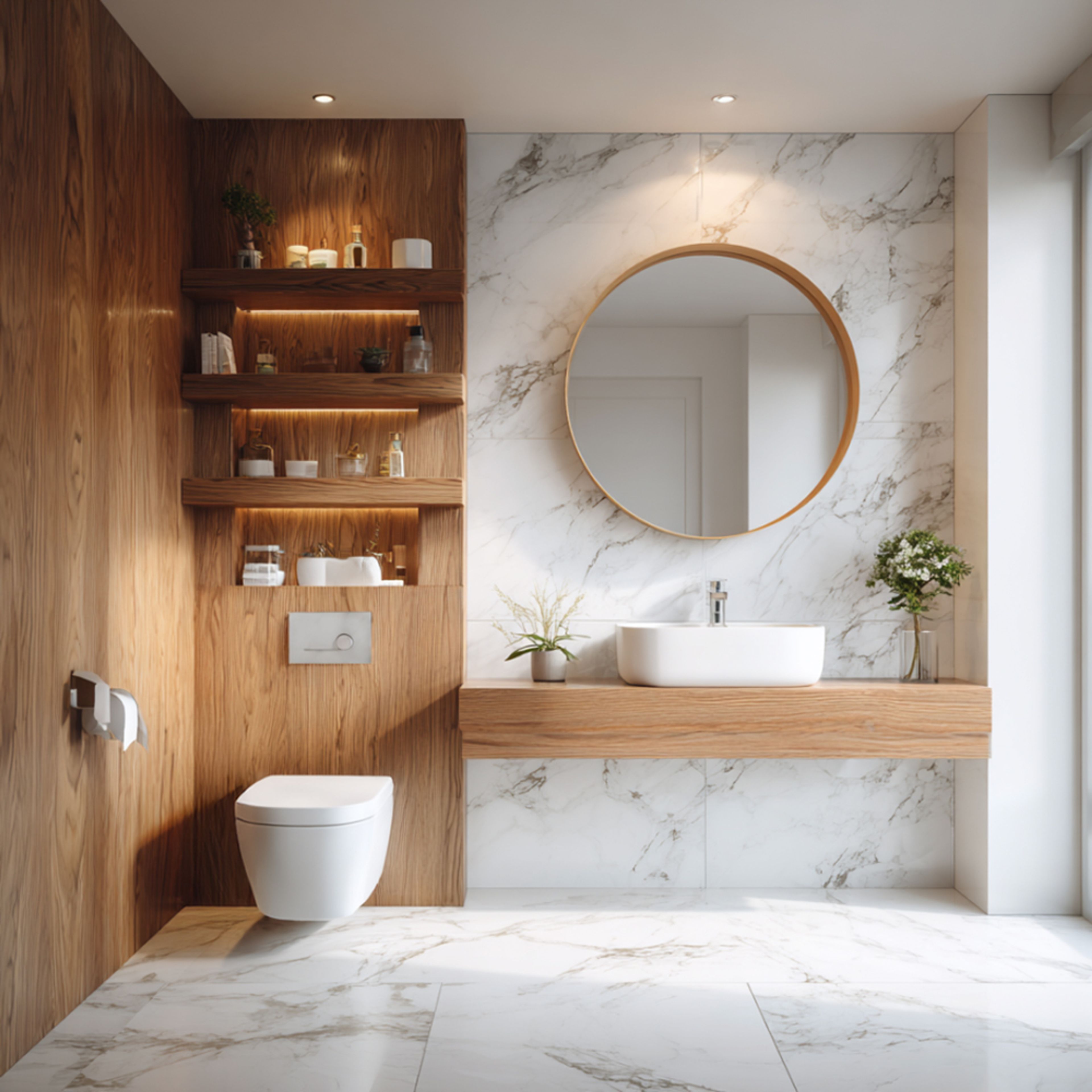 Modern Bathroom Design with Floating Vanity and Marble-Veined Walls