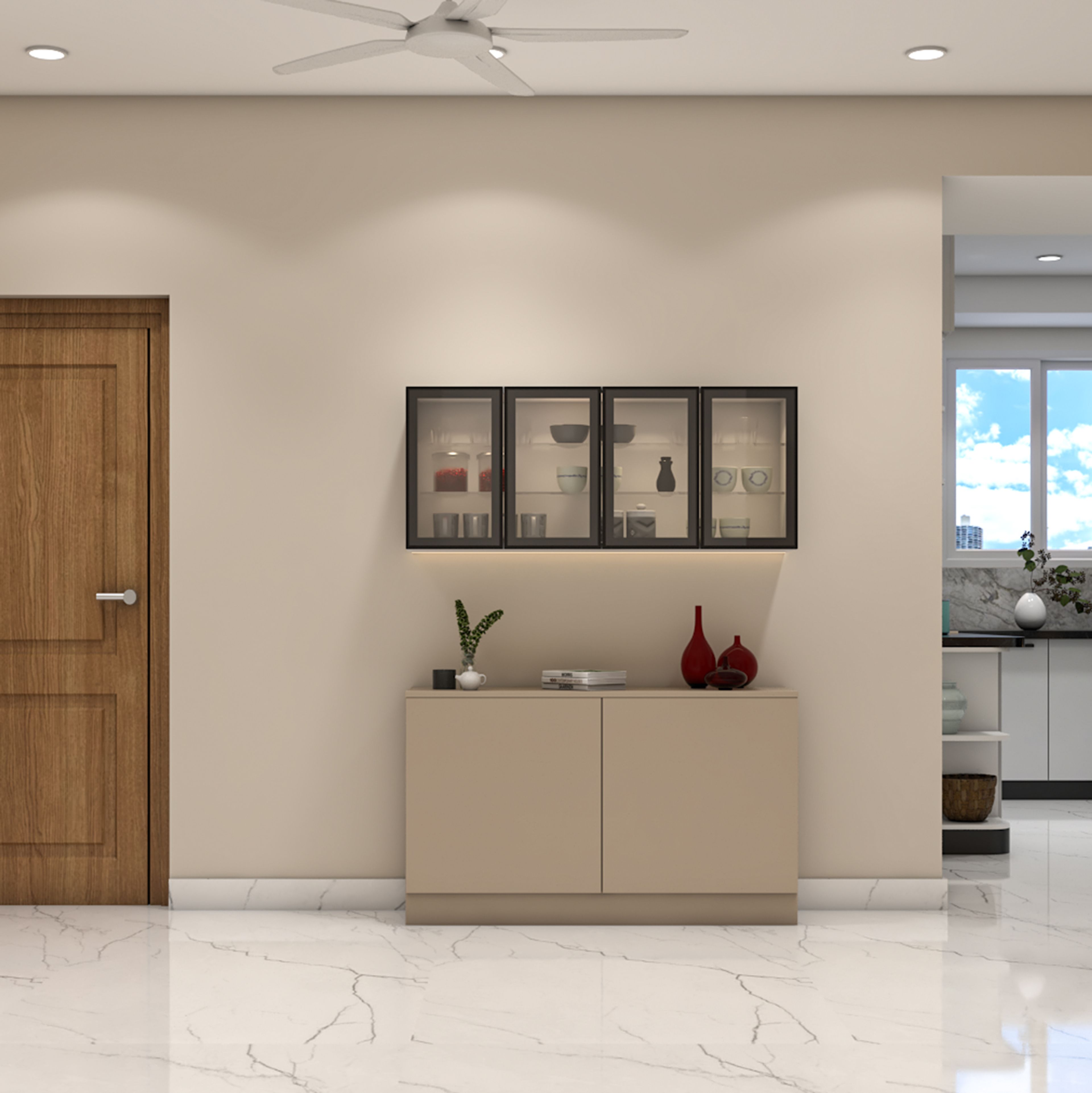 Cream Dining Crockery Unit Design with Storage Cabinets