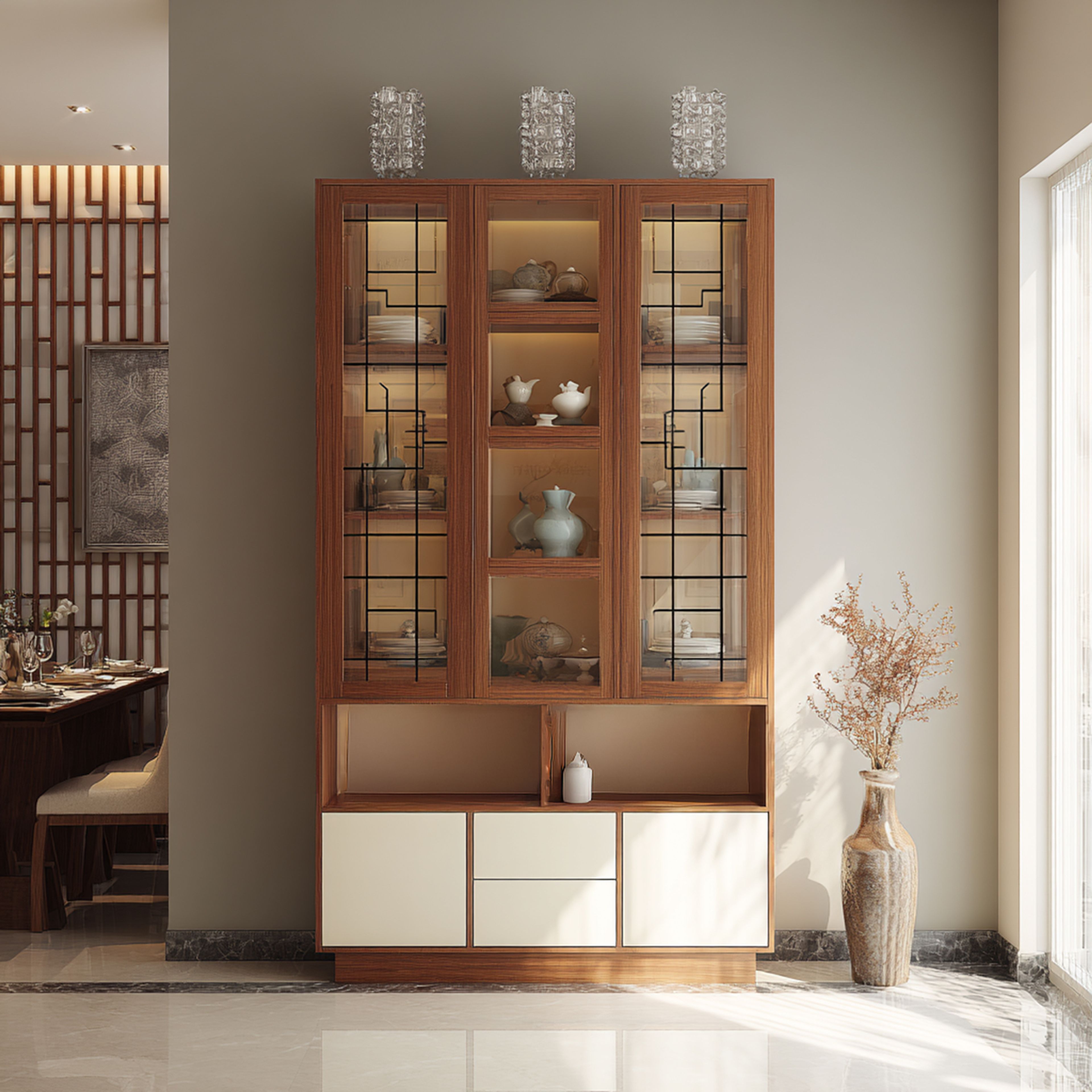 Contemporary Crockery Unit Design Featuring Display Cabinets and Concealed Storage