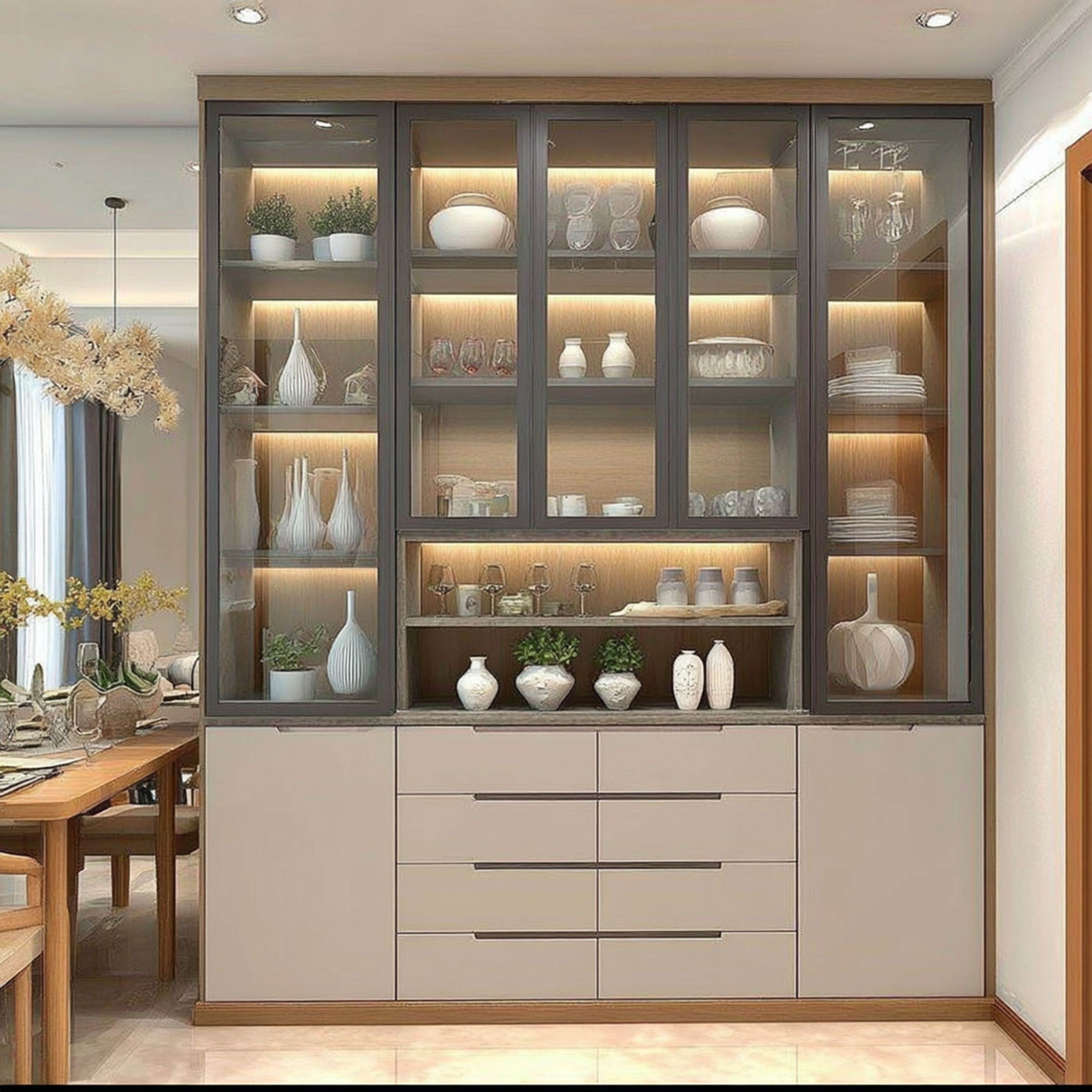 Modern White Crockery Unit Design Featuring Display Cabinets and Concealed Storage
