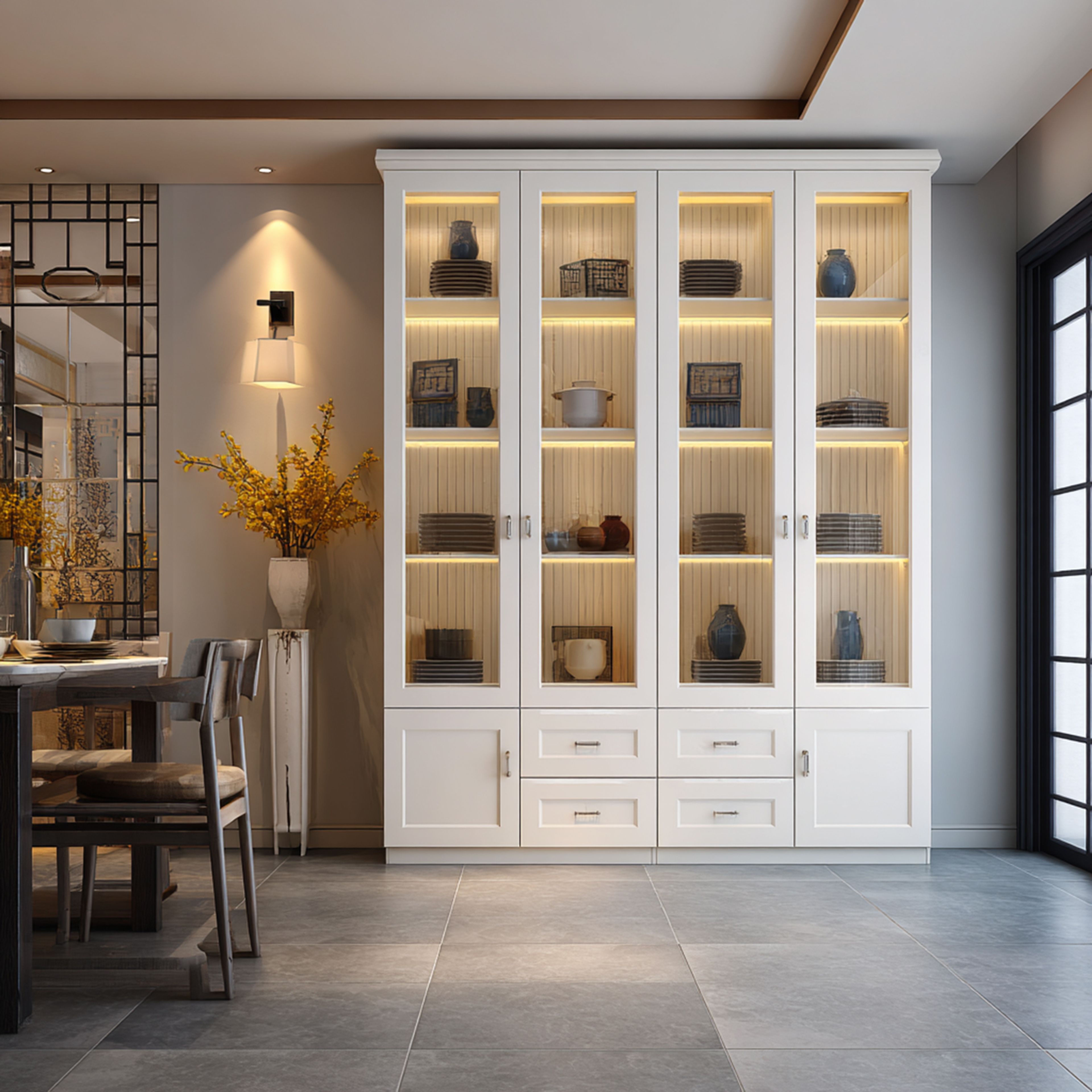 Classic Crockery Unit Design with Off White Laminate and Glass Doors