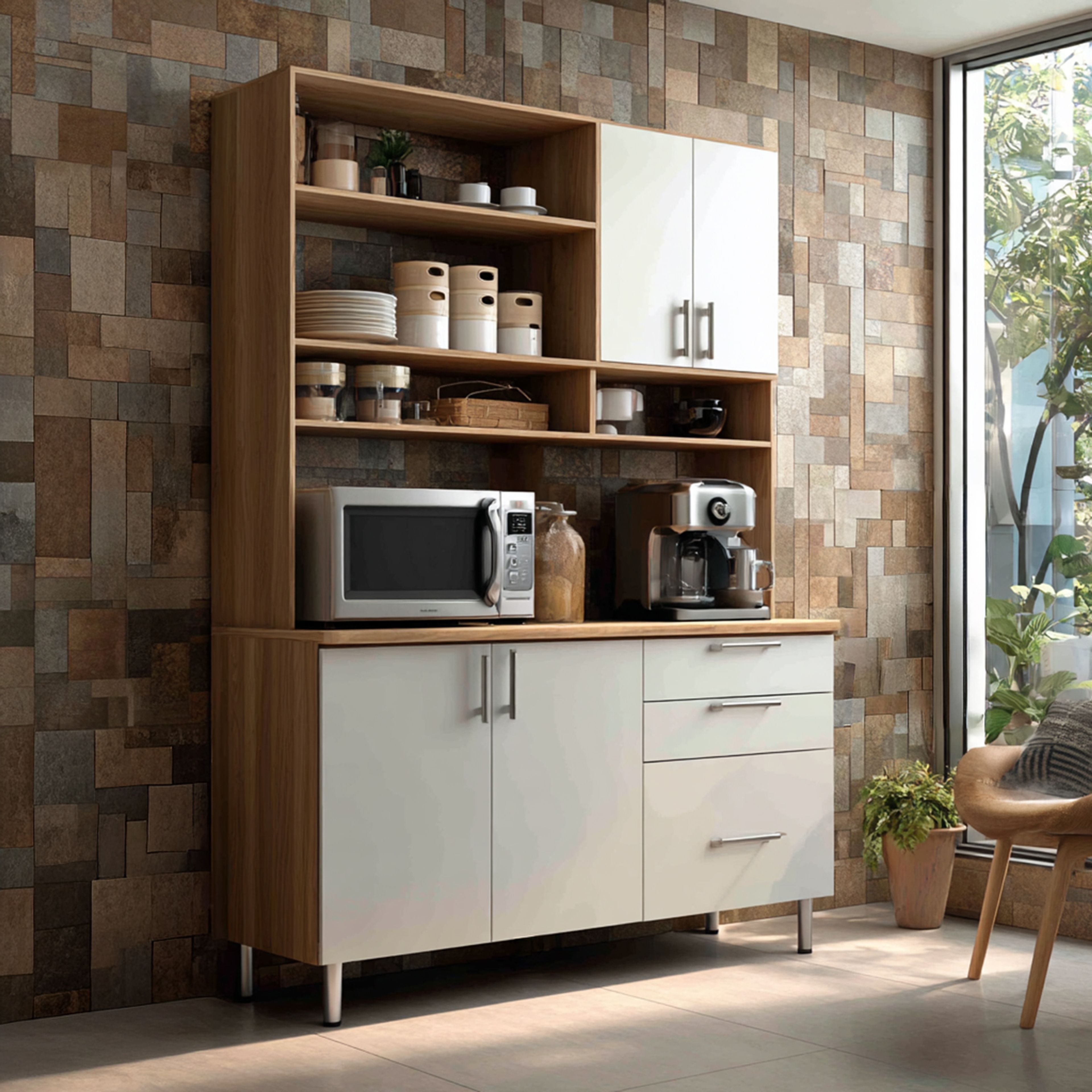 Contemporary Crockery Unit Design with Frosty White Laminate and Open Shelves