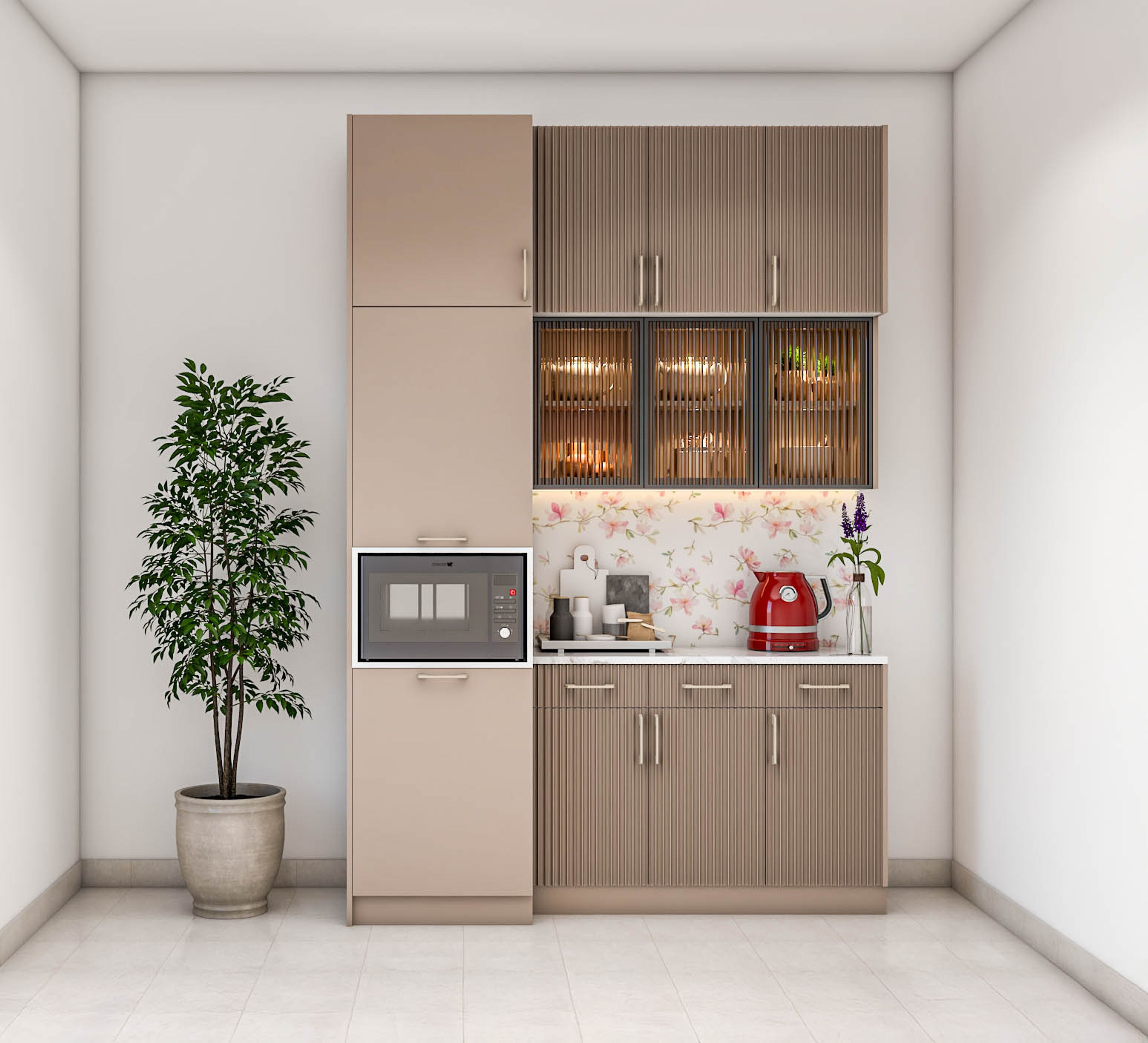 Contemporary Crockery Unit Design In Sand Satin With Glass Storage