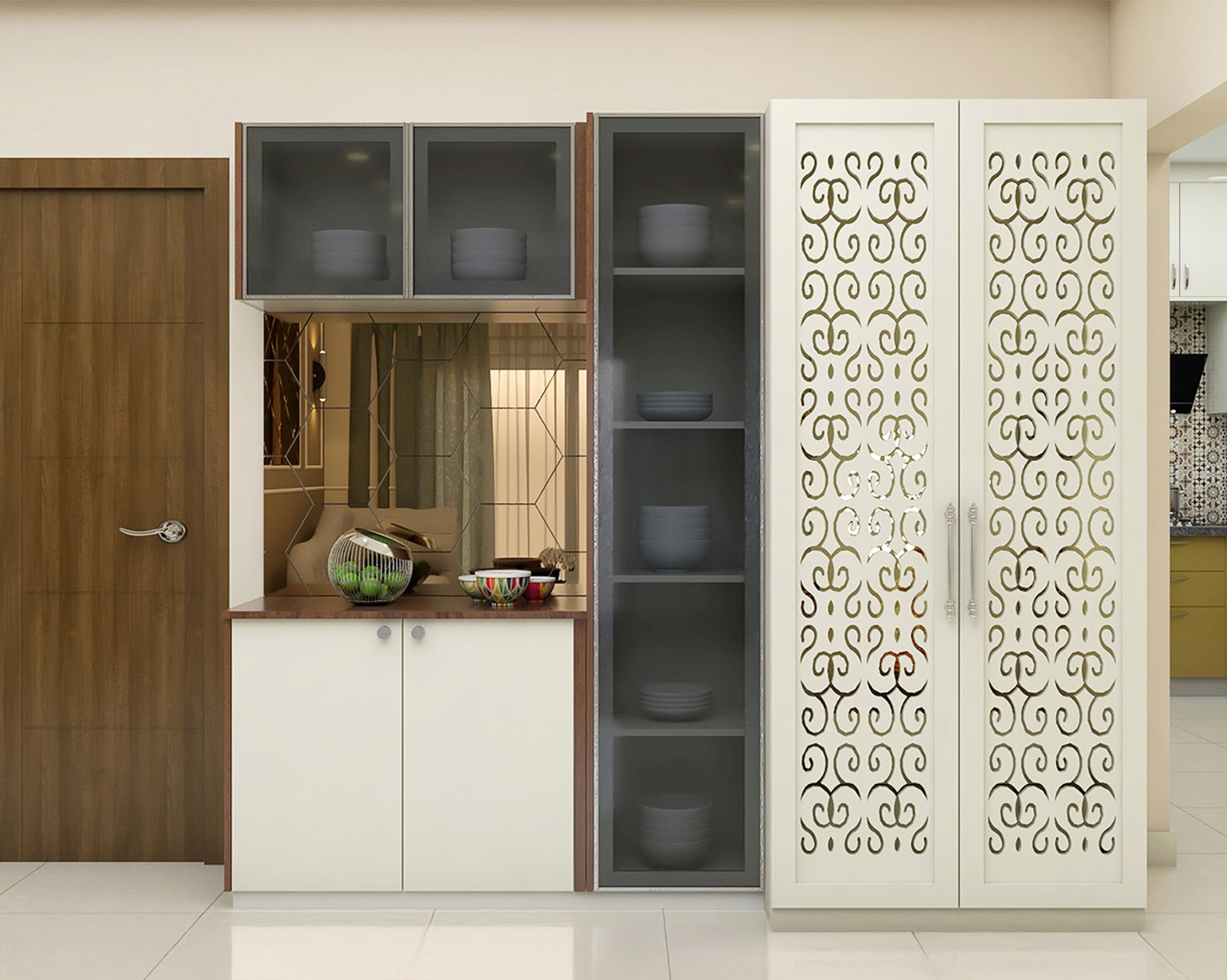 Modern Crockery Unit Design With Tall Storage And Glass Shutters