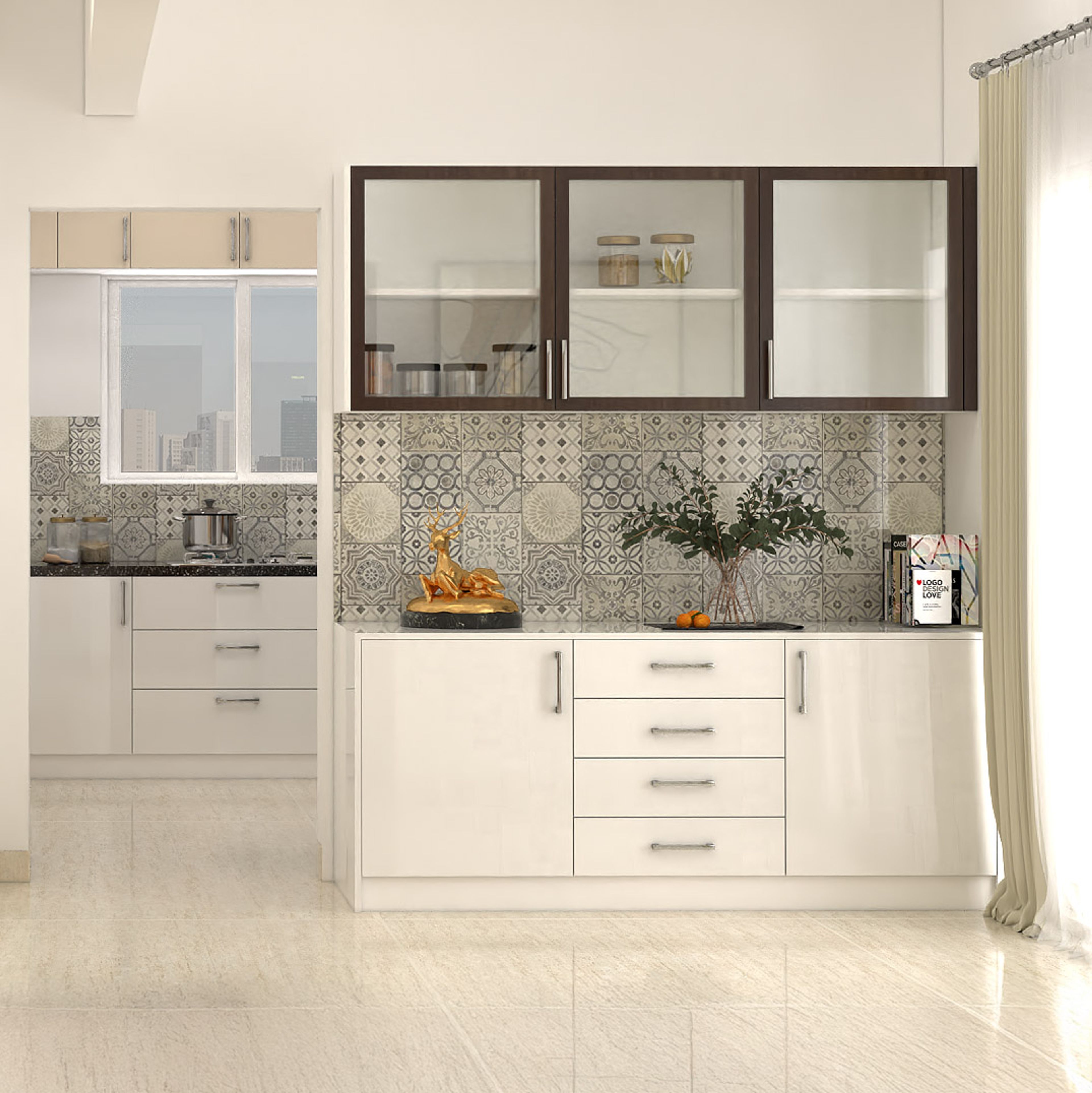 Contemporary Crockery Unit Design In Off White With Glass Shutter Storage