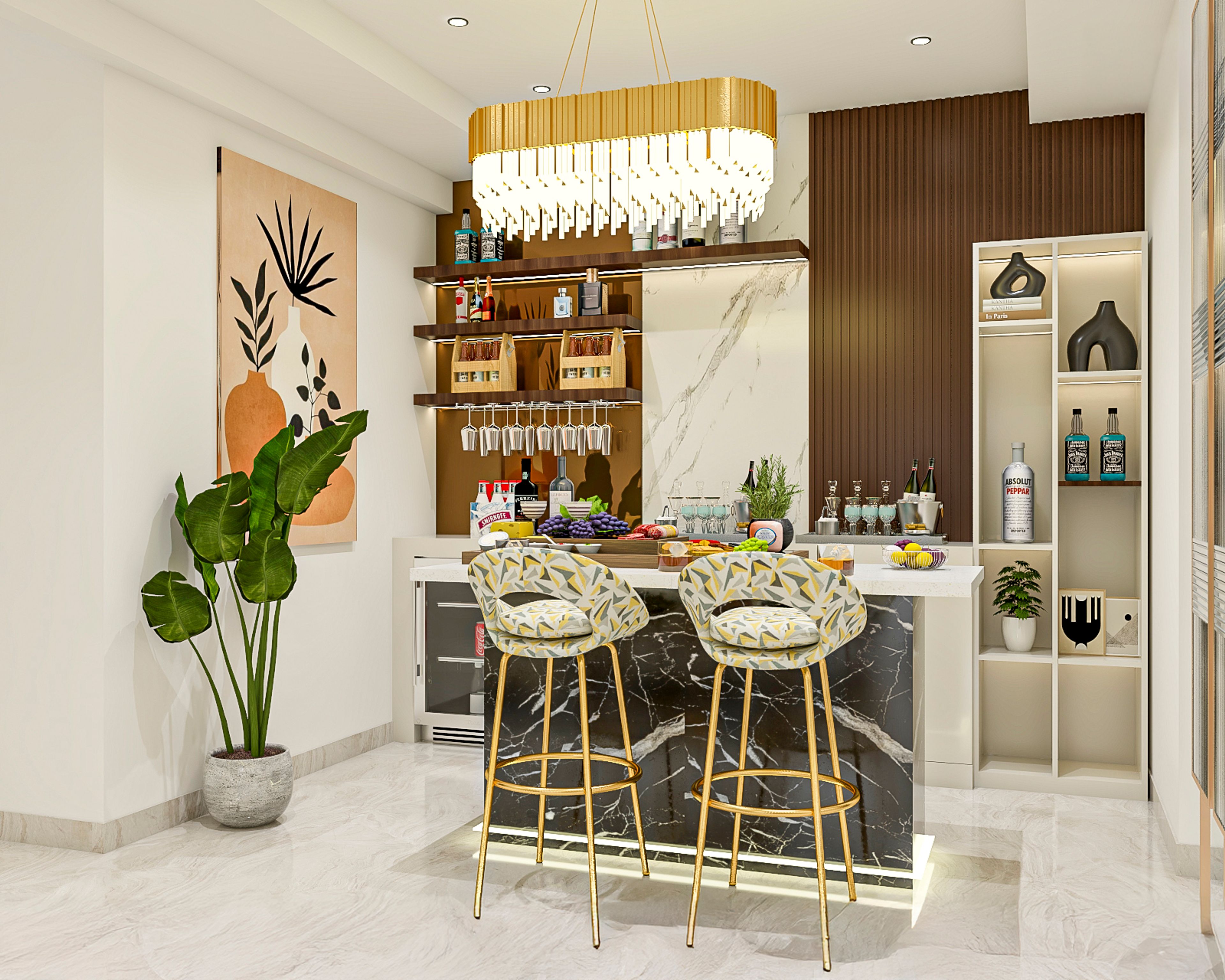 Modern White and Walnut Wall-Integrated Home Bar Design with Open Shelving