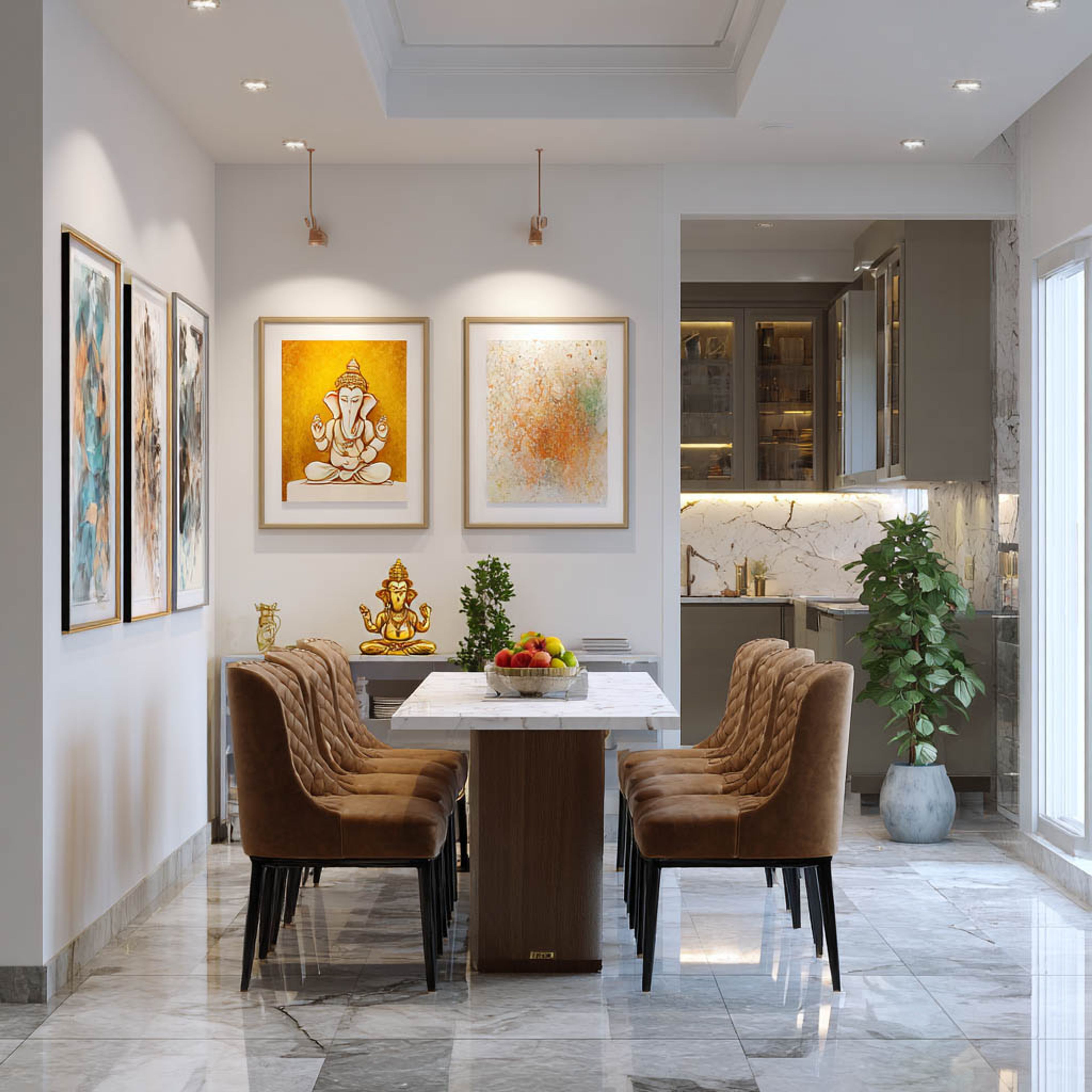 Dining Room Design with Marble Top Table and Tufted Chairs