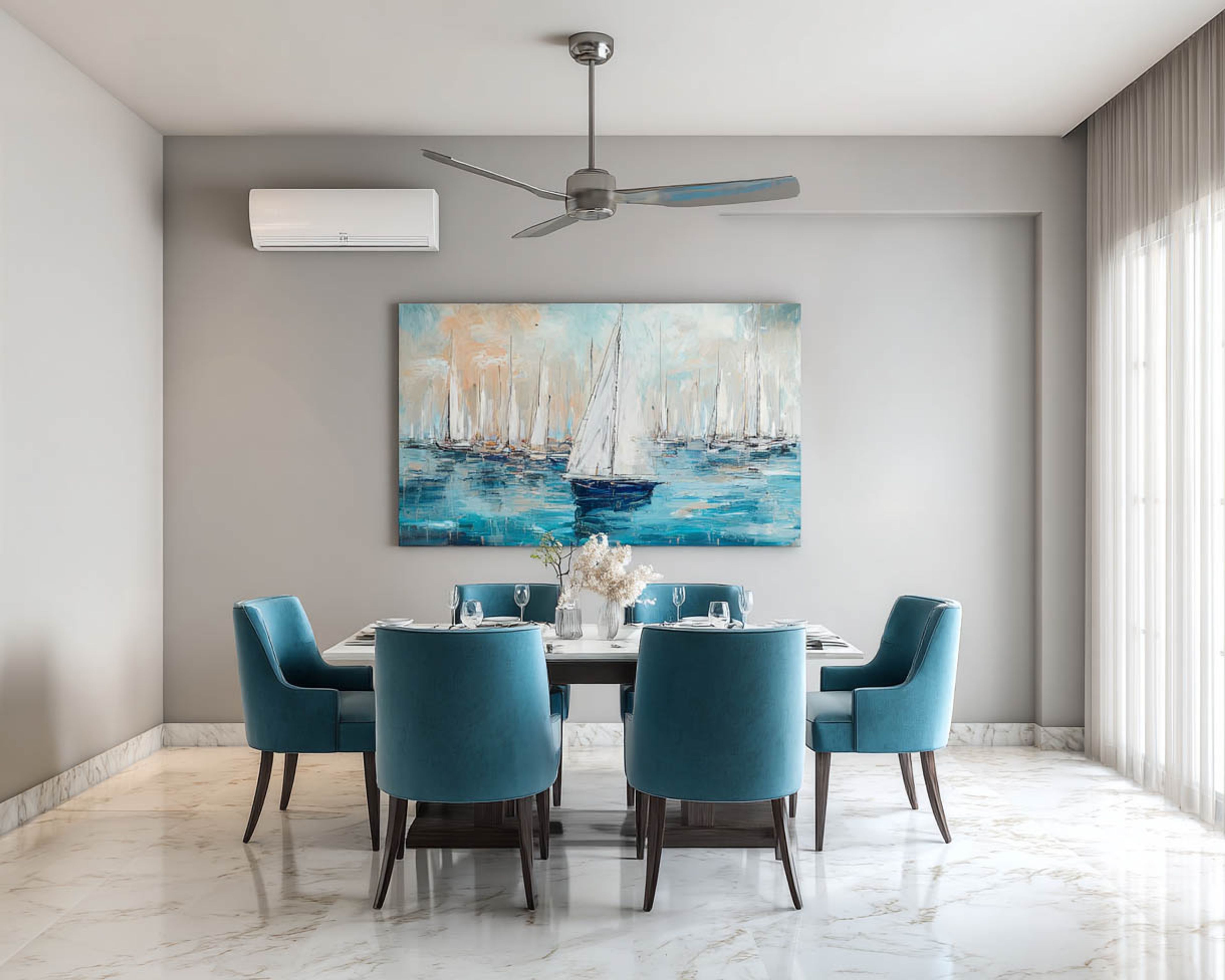 Dining Room Design with Teal Chairs and Maritime Artwork